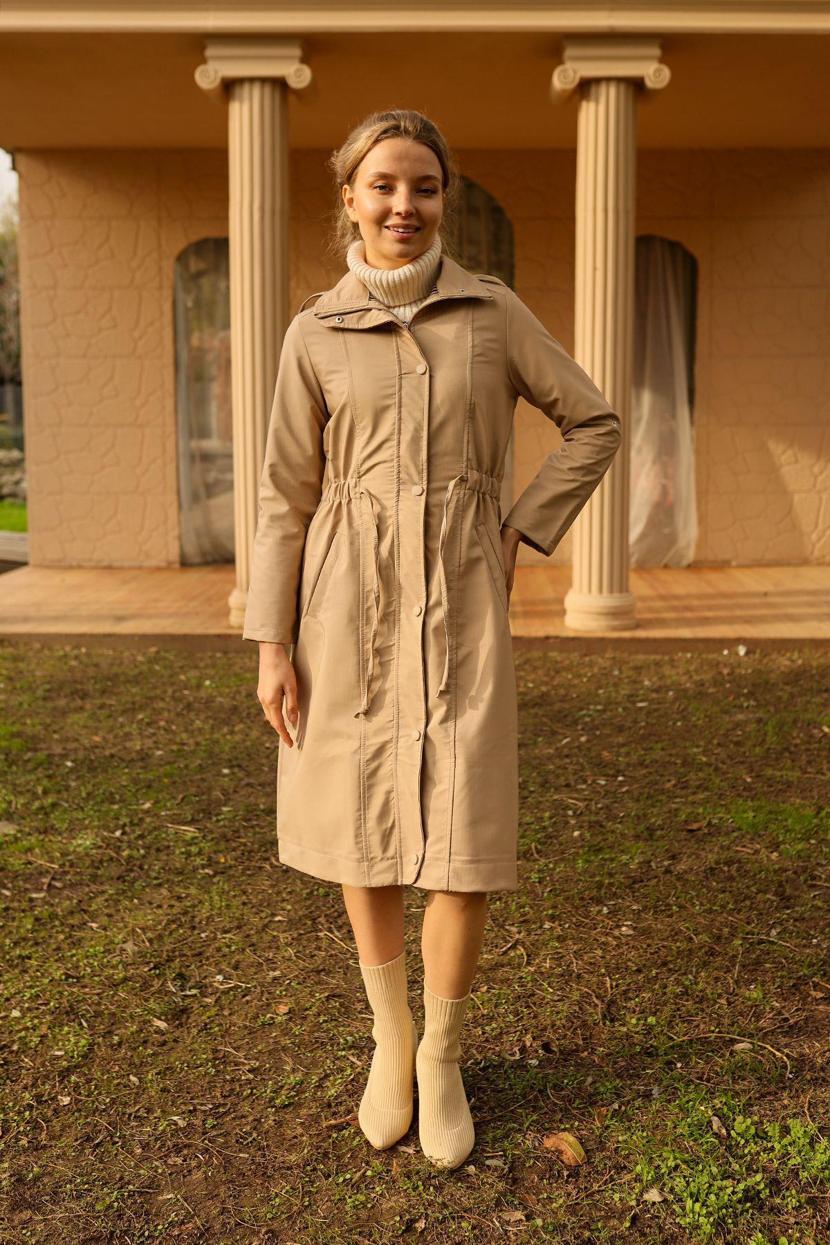 9171 Kol Katlamalı Uzun Trençkot Taş - 3