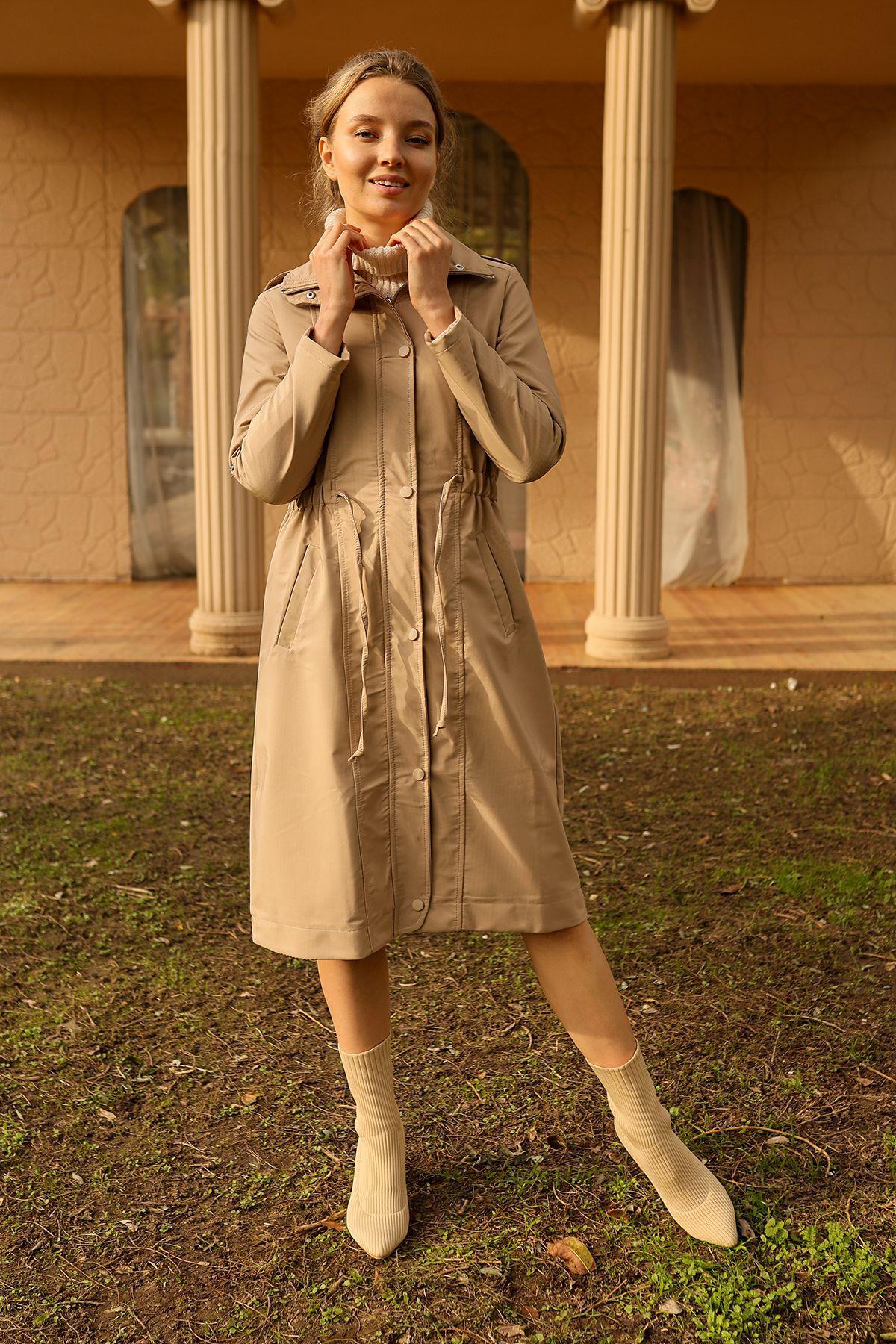 9171 Kol Katlamalı Uzun Trençkot Taş - 5