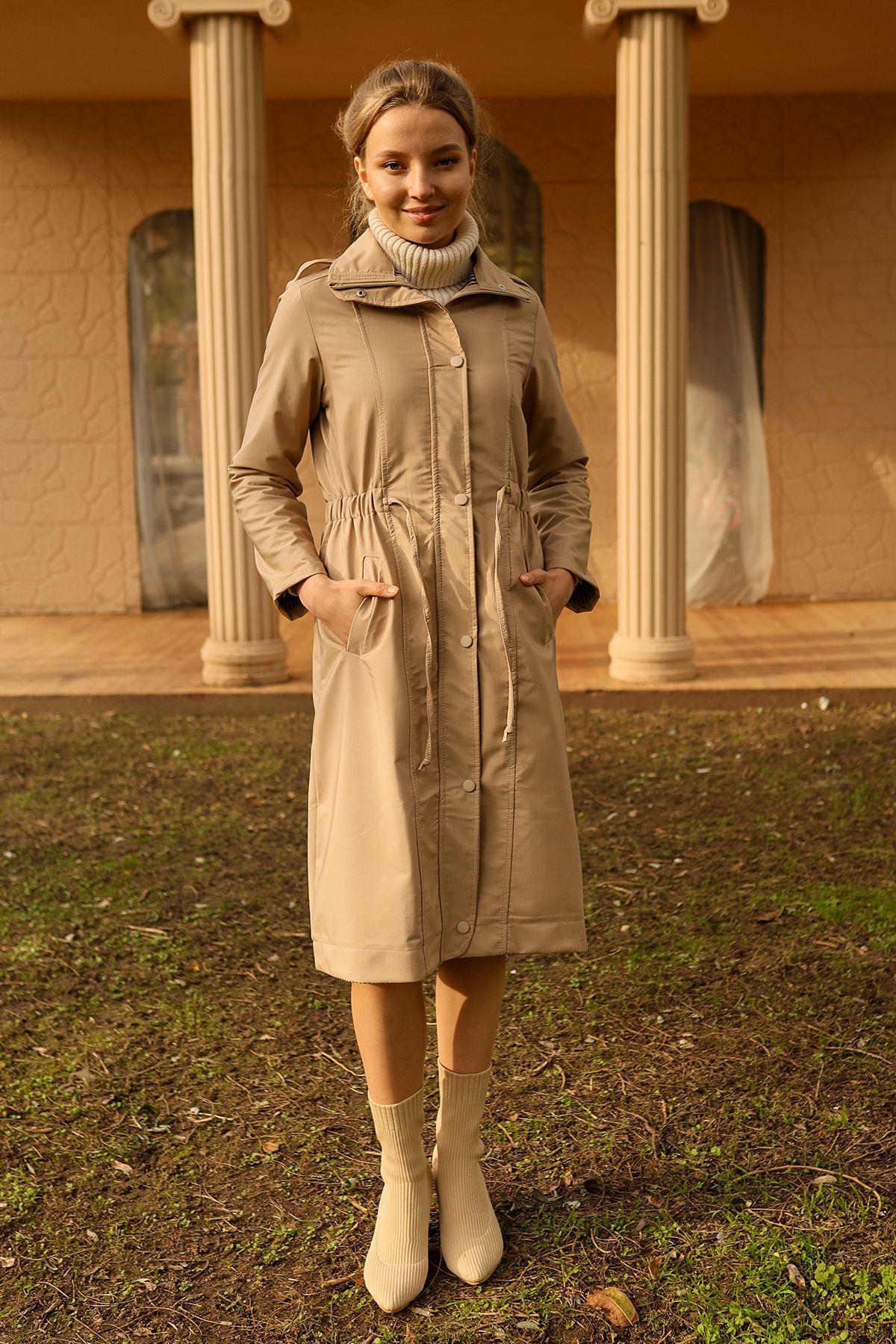 9171 Kol Katlamalı Uzun Trençkot Taş - 4