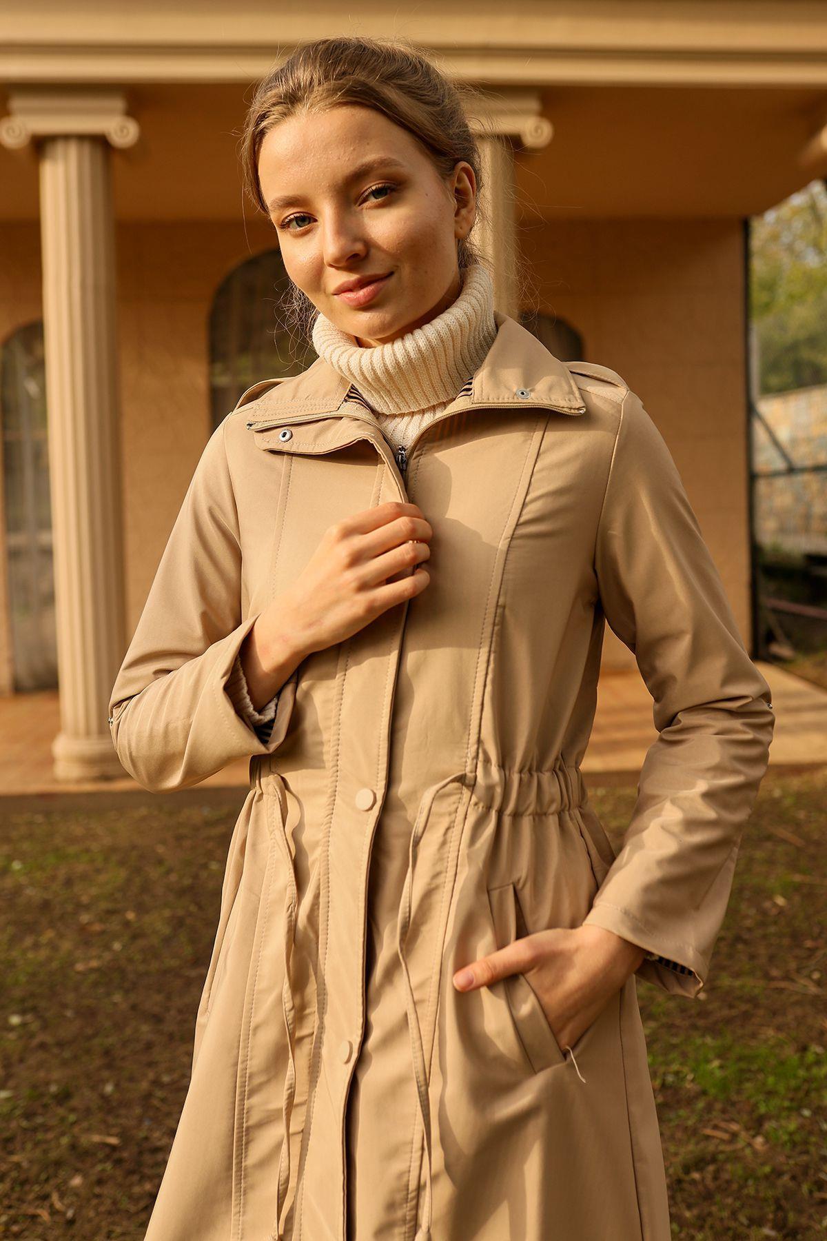 Taş Kol Katlamalı Uzun Trençkot 9171 - 6