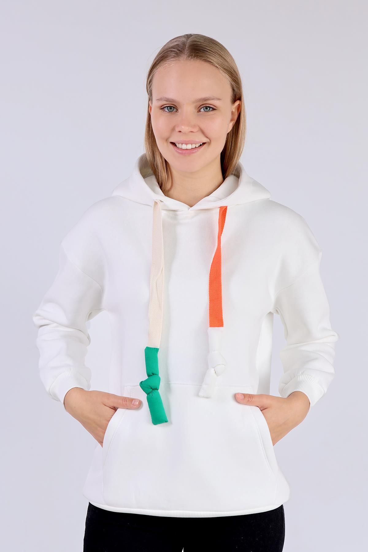 9173M Renkli İpli Kapüşonlu Sweat Ekru 