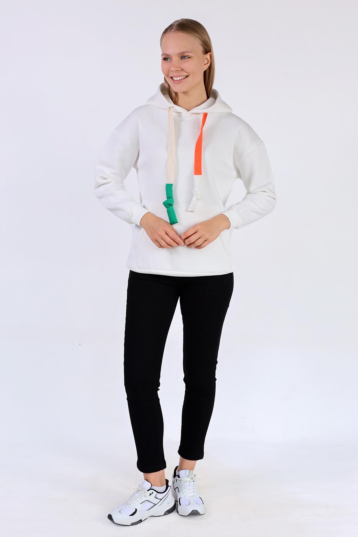 9173M Renkli İpli Kapüşonlu Sweat Ekru - 2