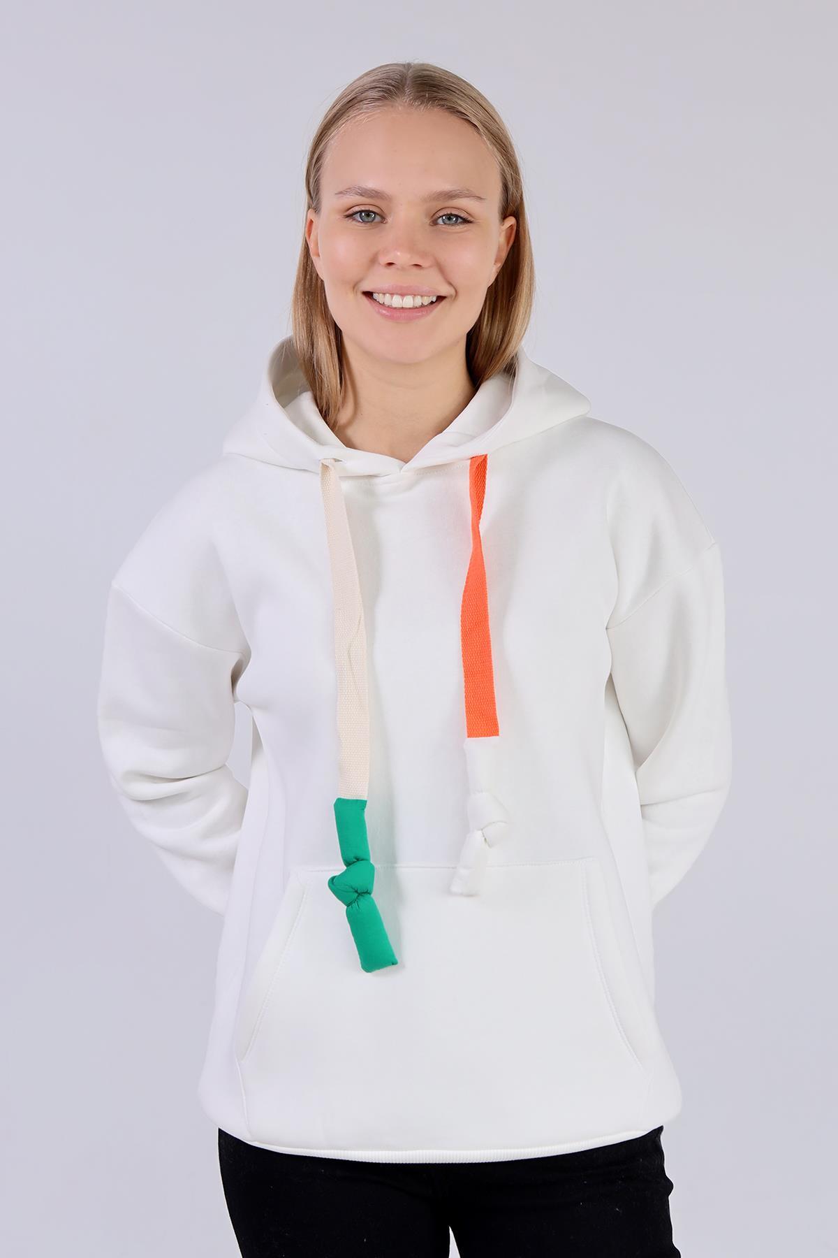 Ekru Renkli İpli Kapüşonlu Sweat 9173M - 3