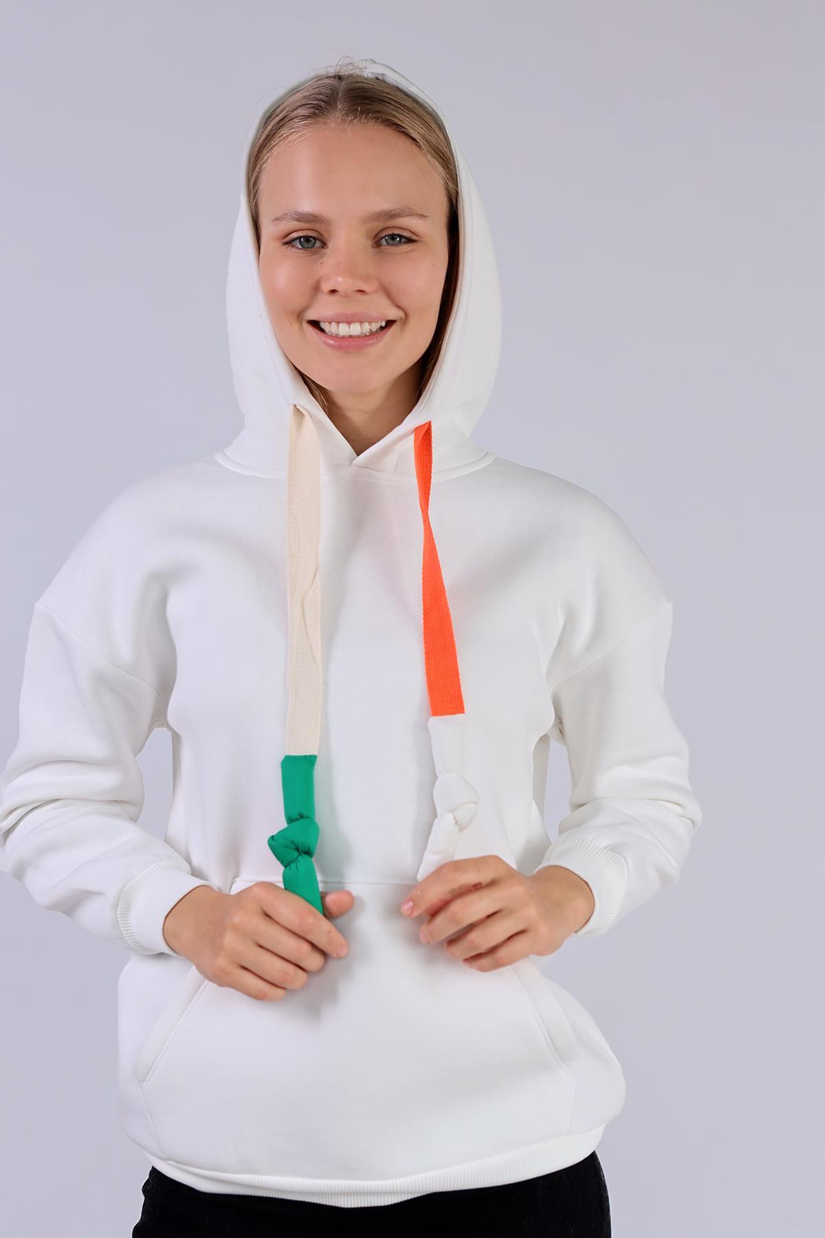Ekru Renkli İpli Kapüşonlu Sweat 9173M - 4