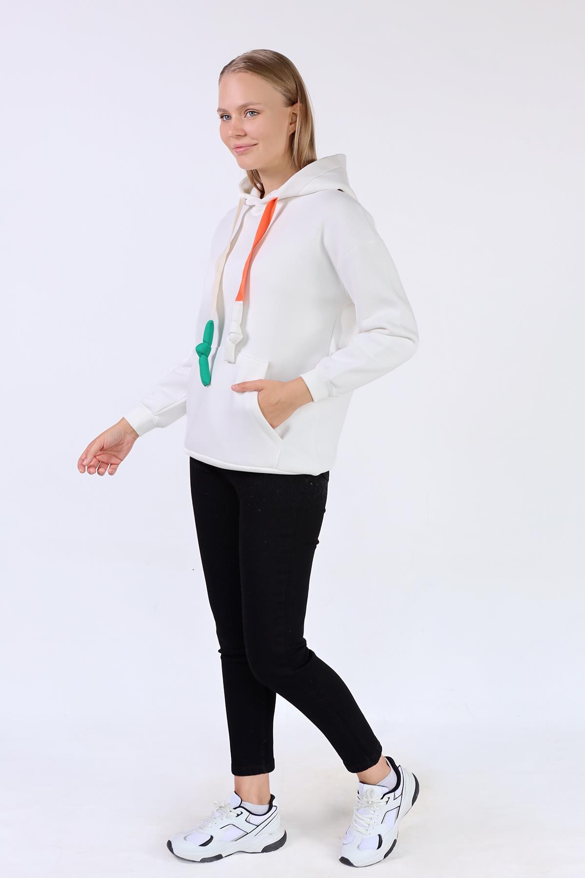 Ekru Renkli İpli Kapüşonlu Sweat 9173M - 6