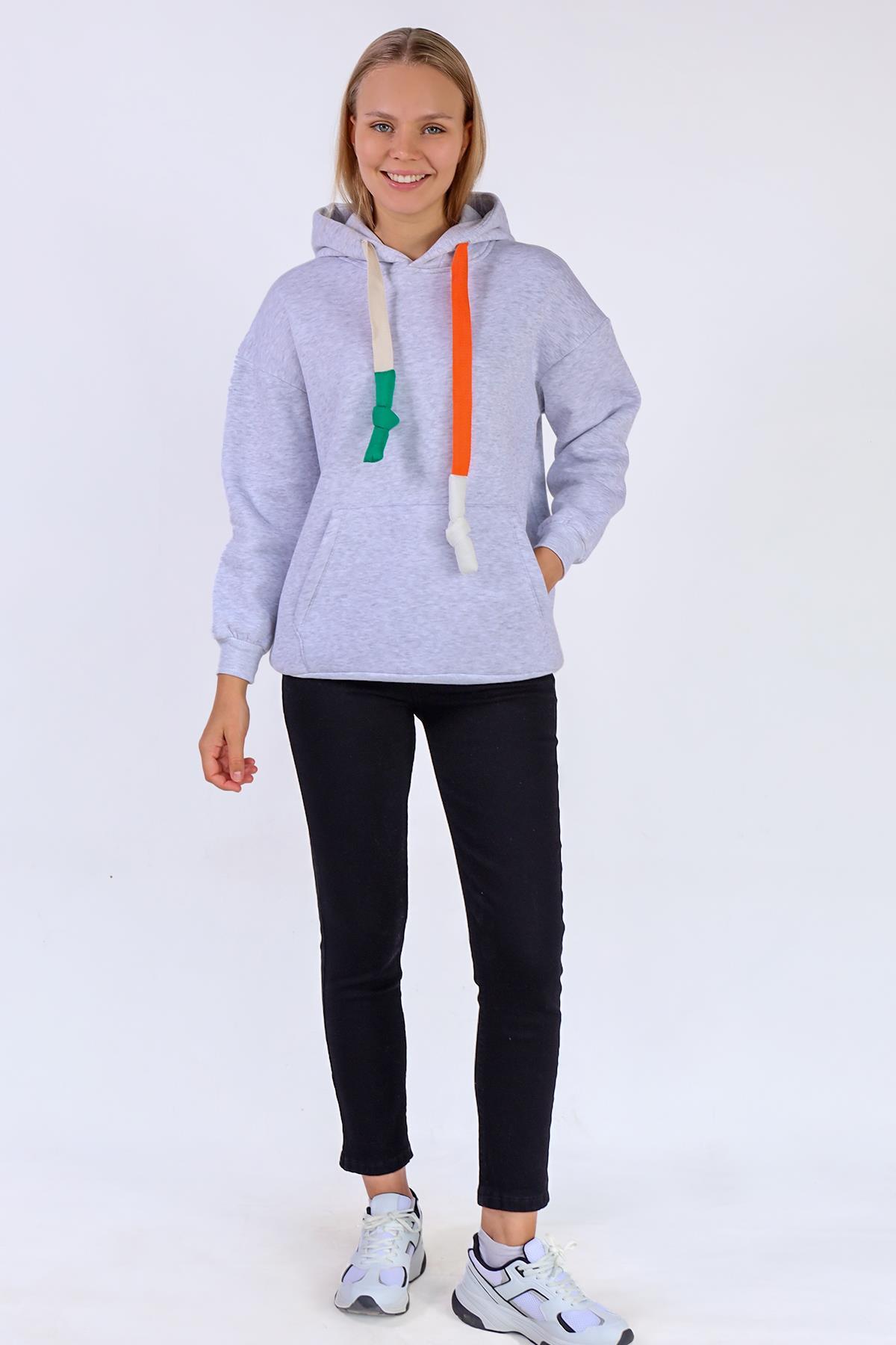 9173M Renkli İpli Kapüşonlu Sweat Gri 