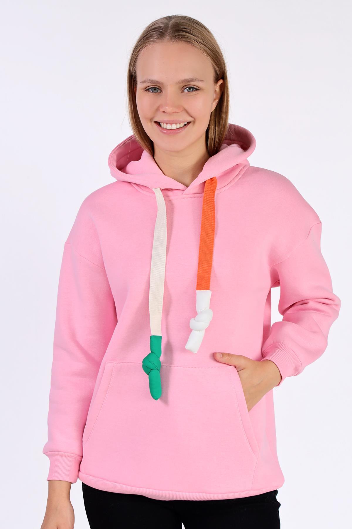 Pembe Renkli İpli Kapüşonlu Sweat 9173M - 1
