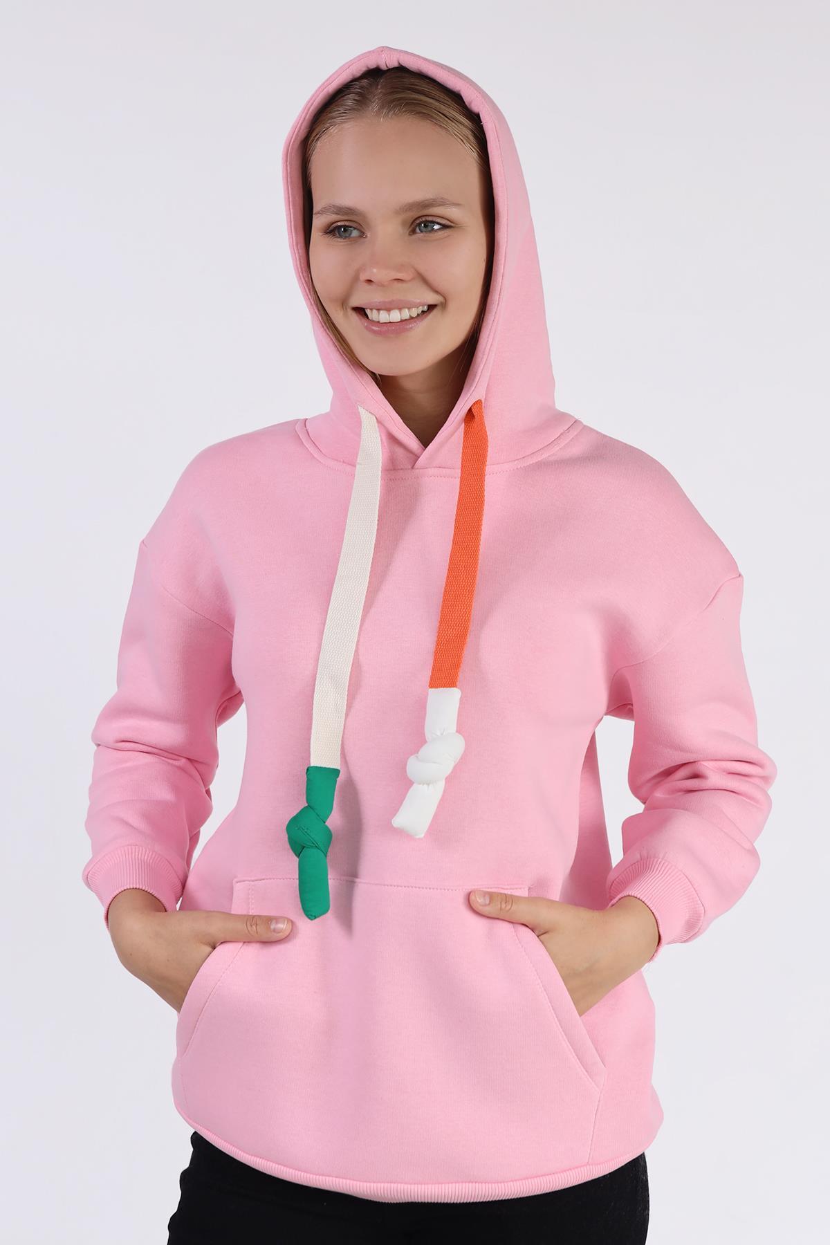 Pembe Renkli İpli Kapüşonlu Sweat 9173M - 3