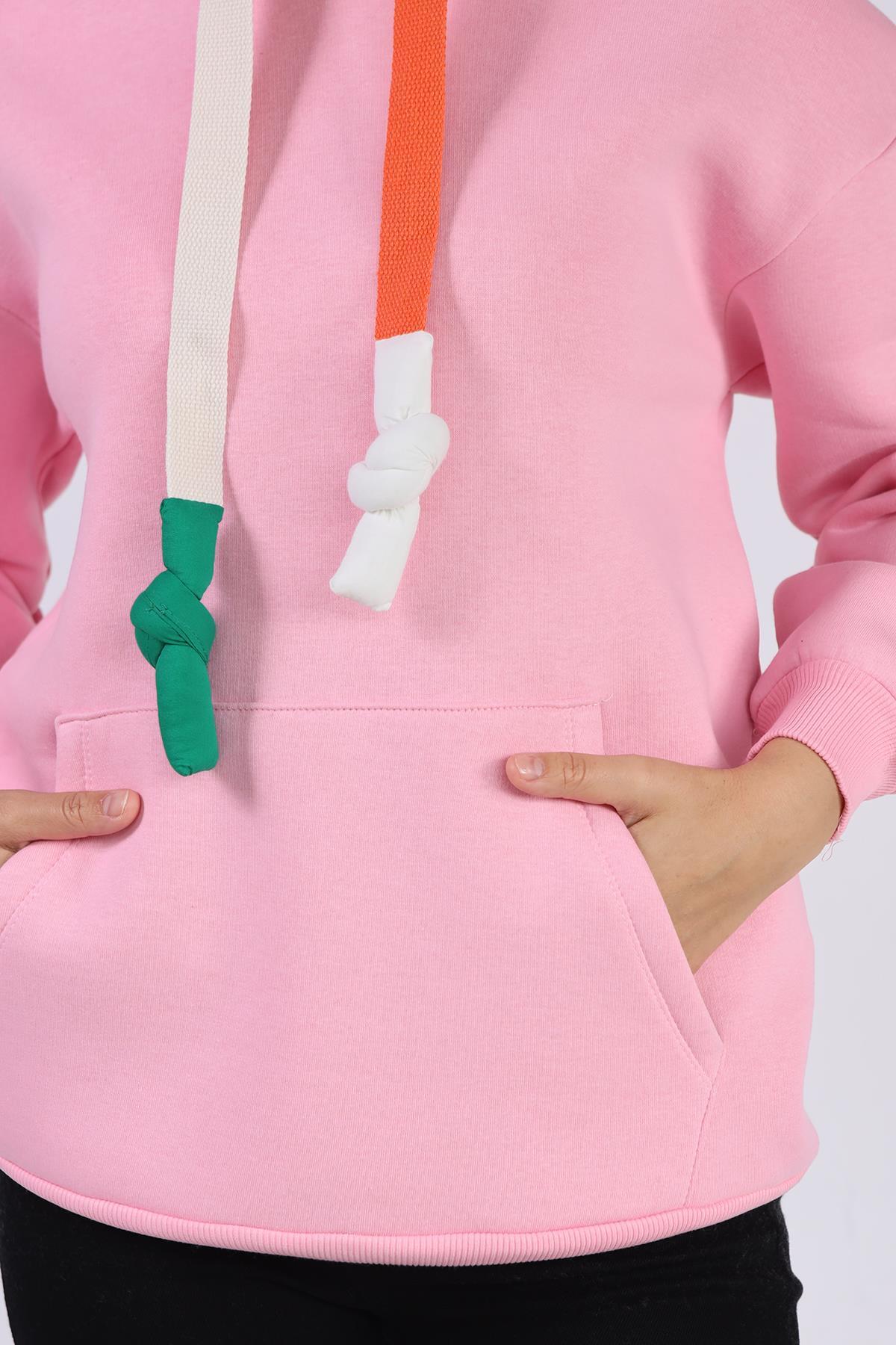 Renkli İpli Kapüşonlu Sweat 9173M Pembe - 4