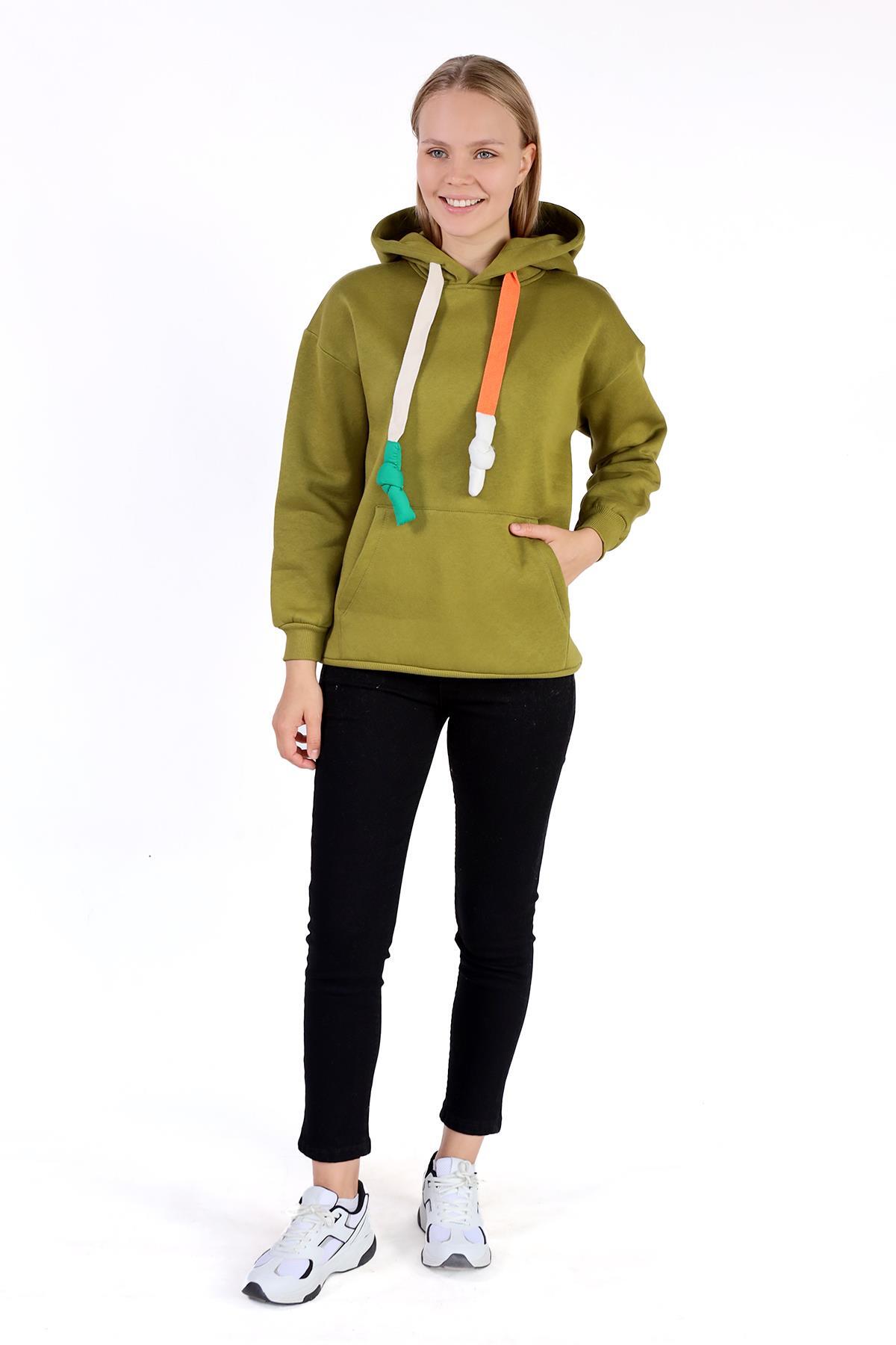Yağ Yeşili Renkli İpli Kapüşonlu Sweat 9173M - 1