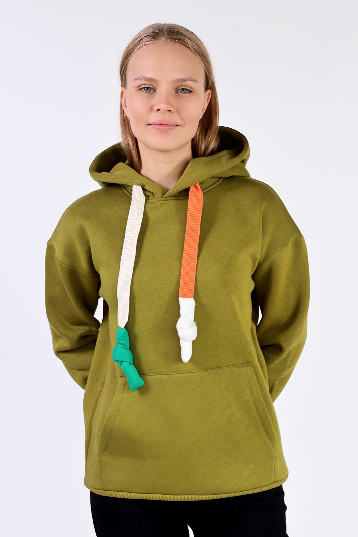 Yağ Yeşili Renkli İpli Kapüşonlu Sweat 9173M - 2
