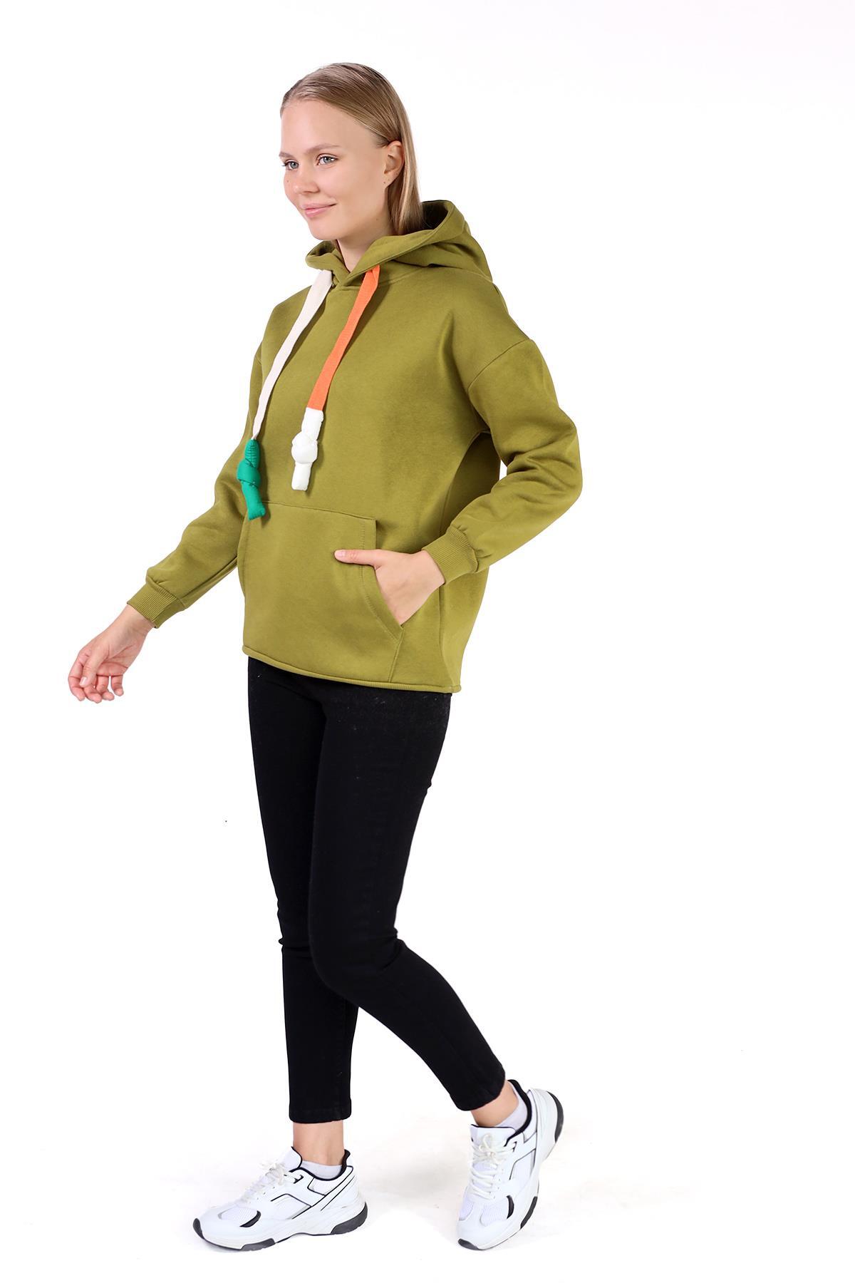 Yağ Yeşili Renkli İpli Kapüşonlu Sweat 9173M - 8