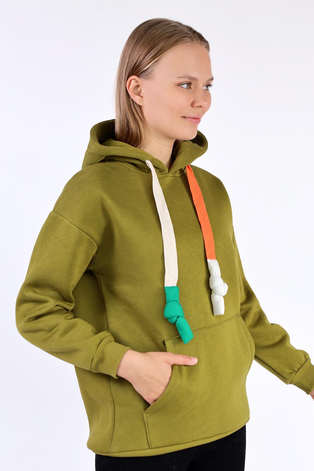 Yağ Yeşili Renkli İpli Kapüşonlu Sweat 9173M - 3