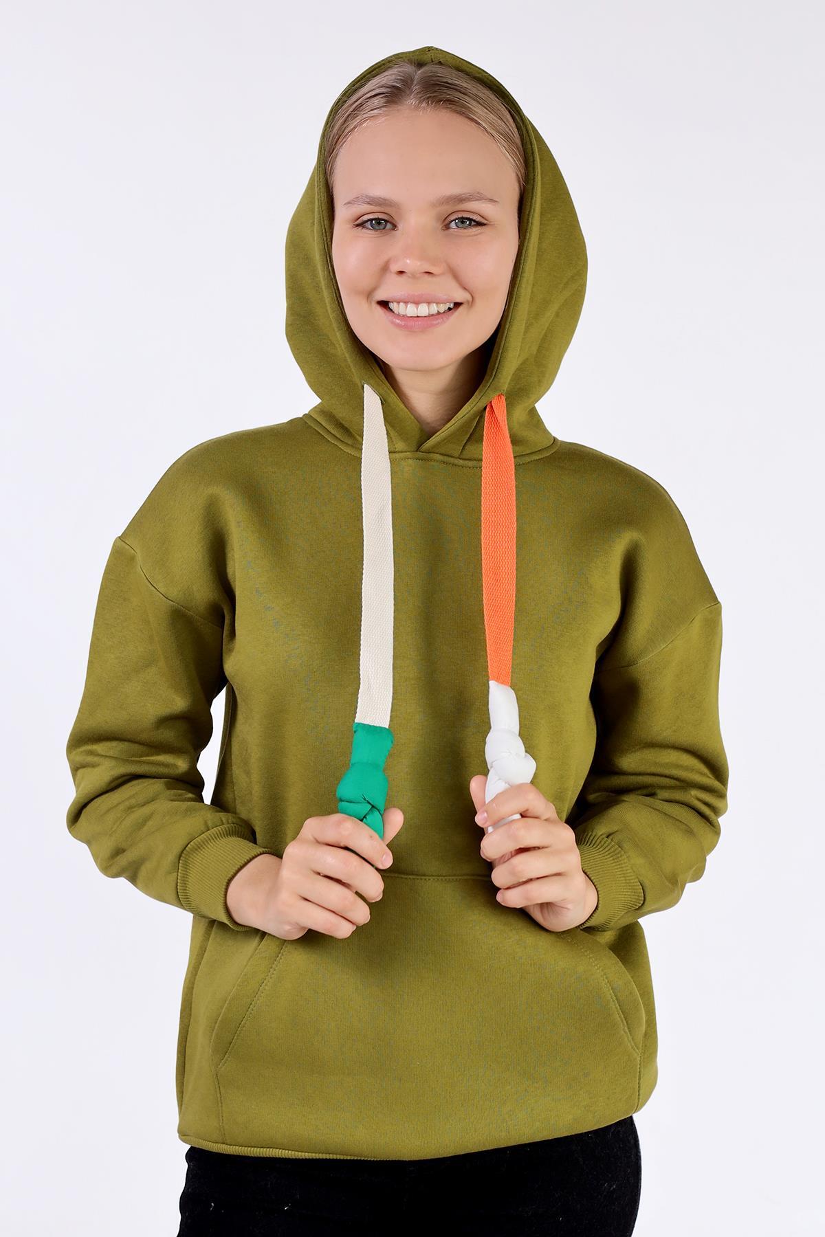 Yağ Yeşili Renkli İpli Kapüşonlu Sweat 9173M - 4