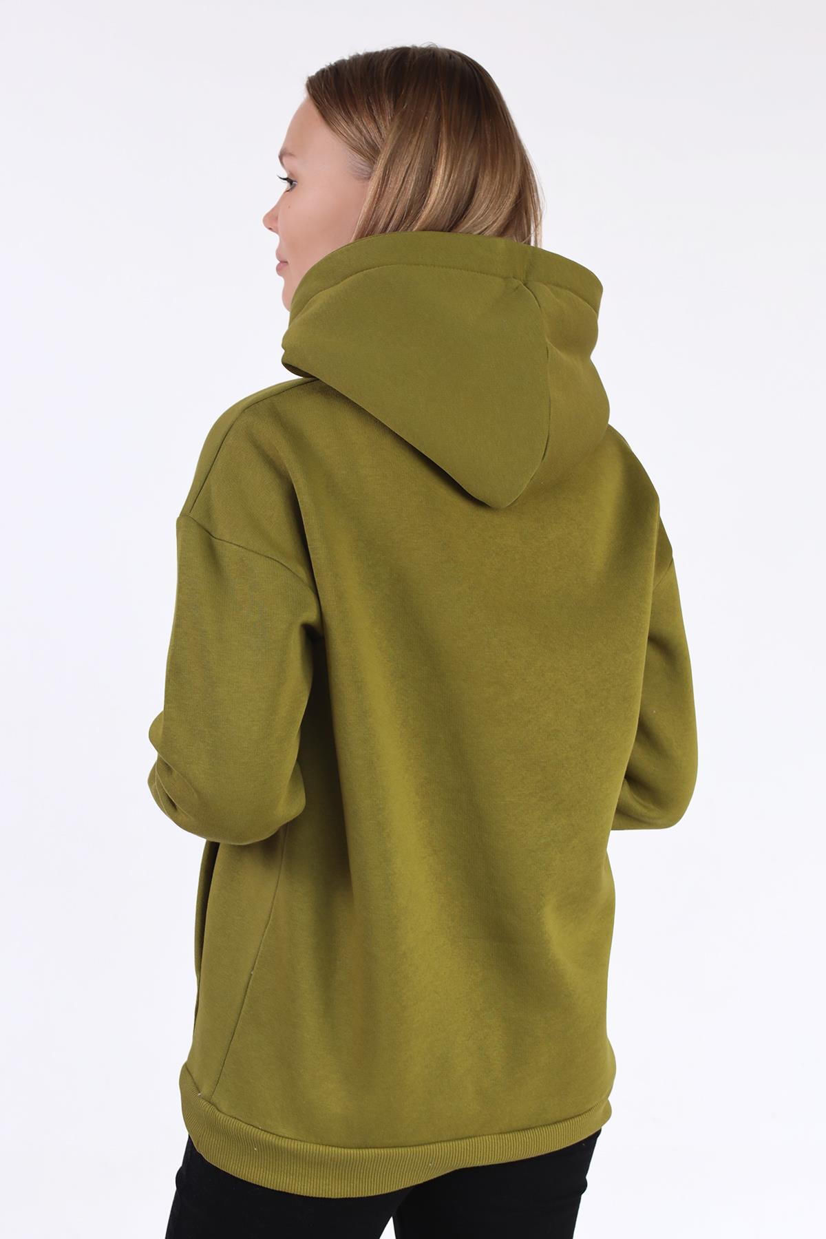 Yağ Yeşili Renkli İpli Kapüşonlu Sweat 9173M - 5