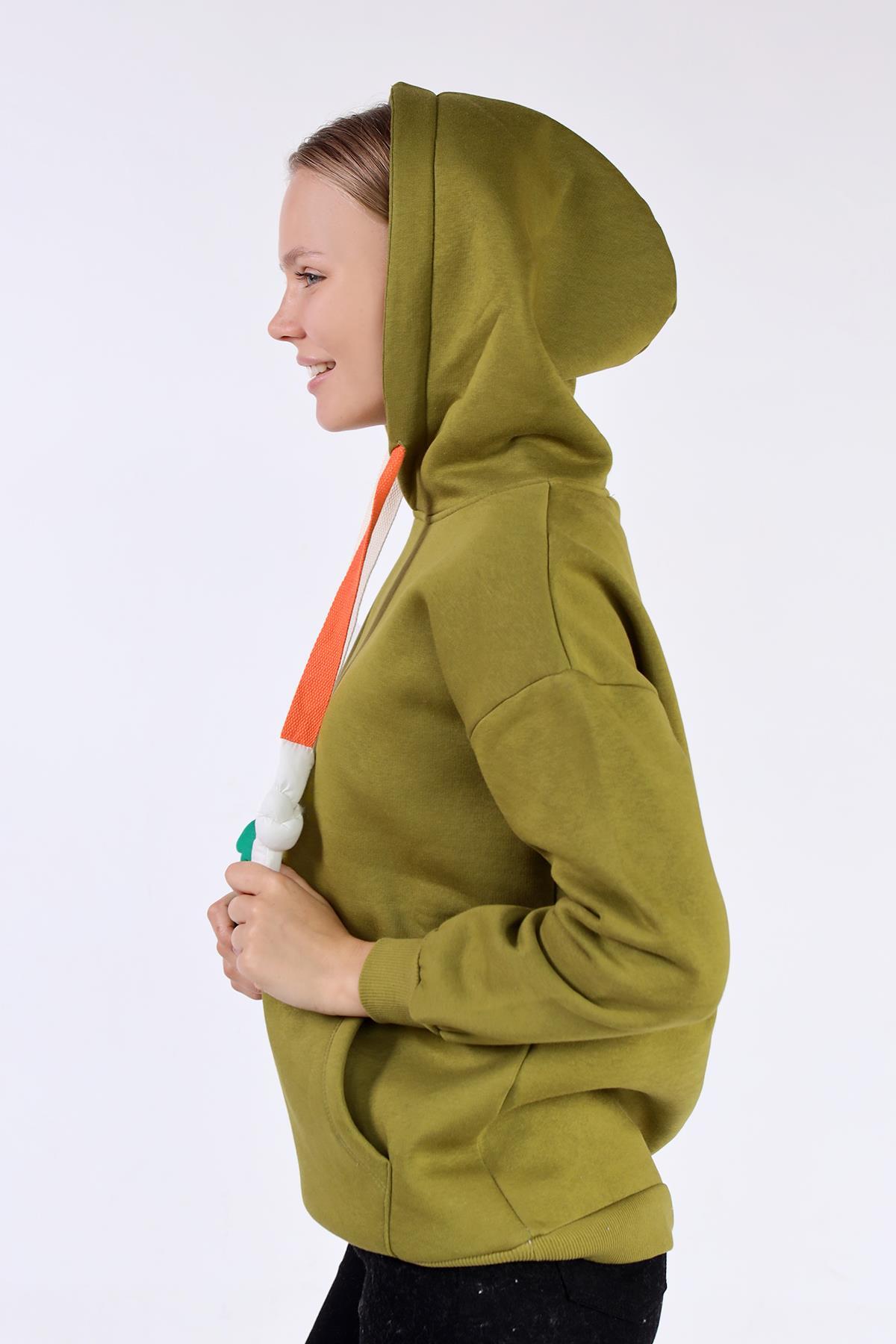 Yağ Yeşili Renkli İpli Kapüşonlu Sweat 9173M - 7