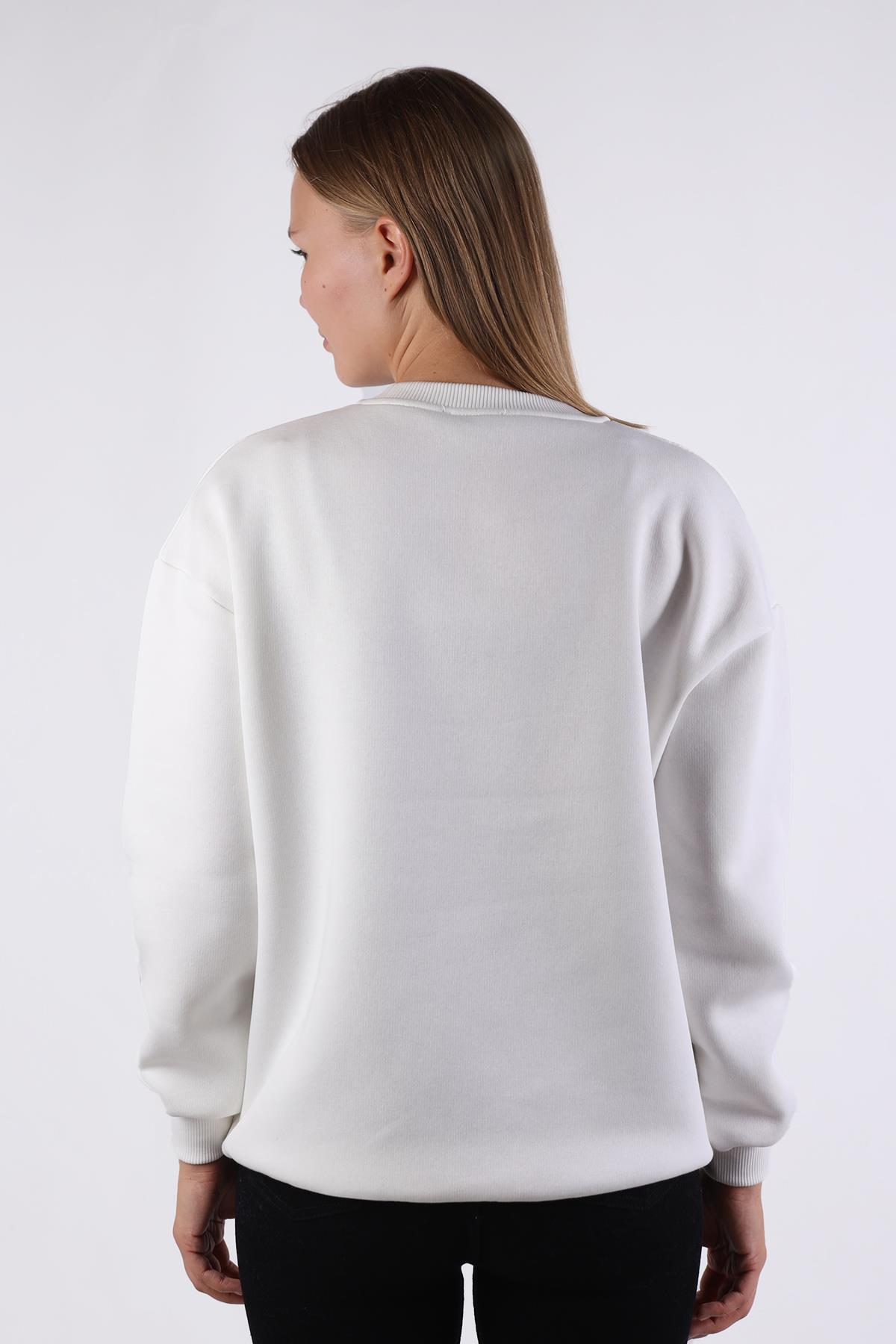 Ekru Bisiklet Yaka Kalp Nakışlı Sweat 9175M - 5