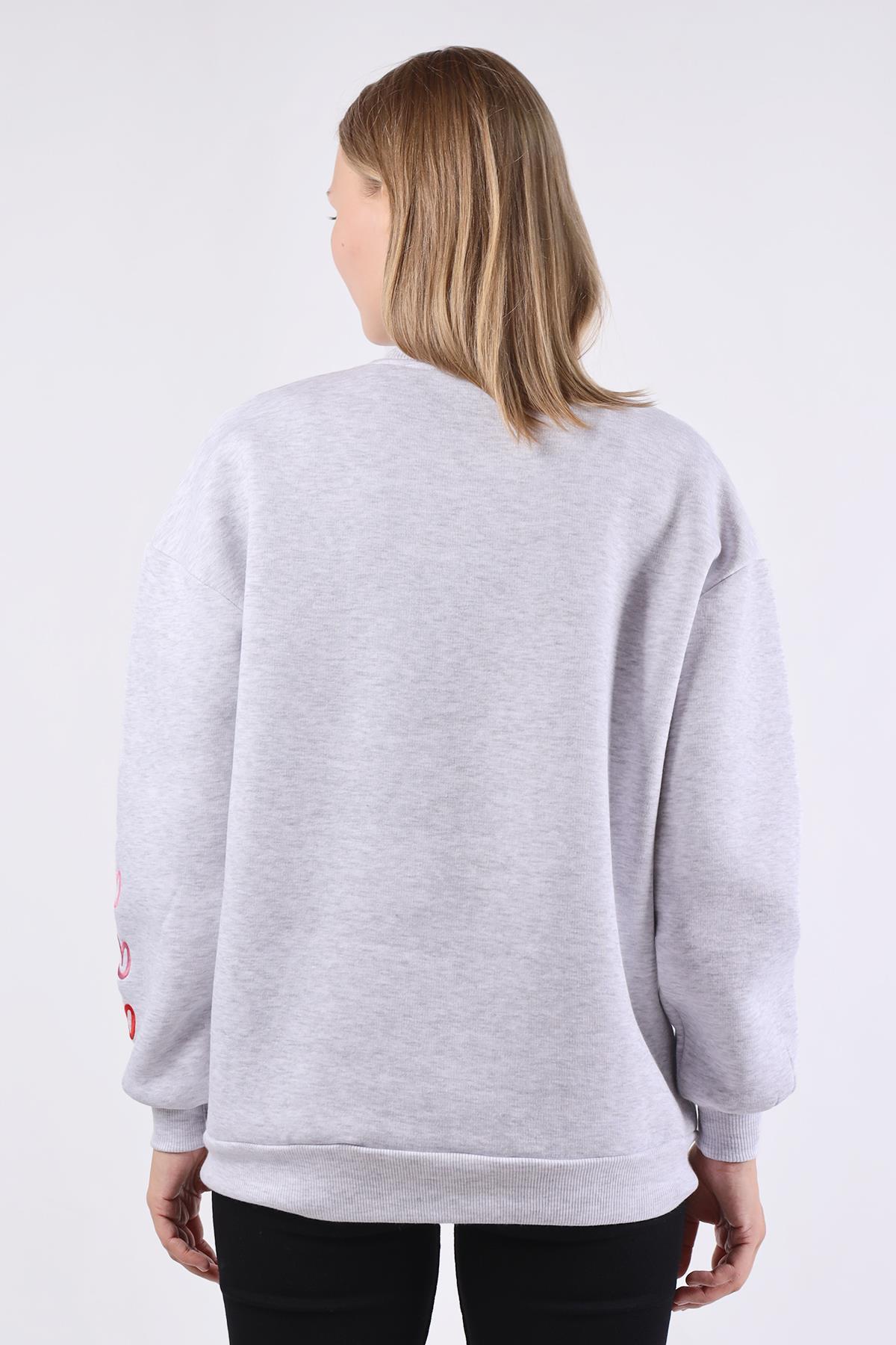 9175M Bisiklet Yaka Kalp Nakışlı Sweat Gri - 5