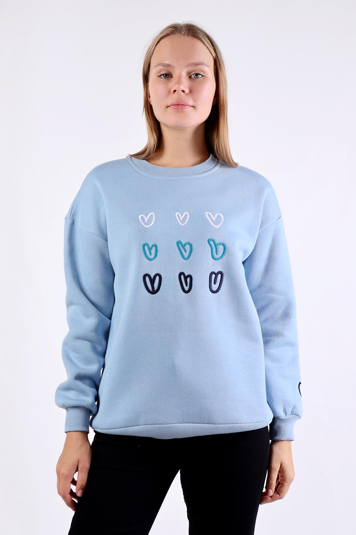 Mavi Bisiklet Yaka Kalp Nakışlı Sweat 9175M 