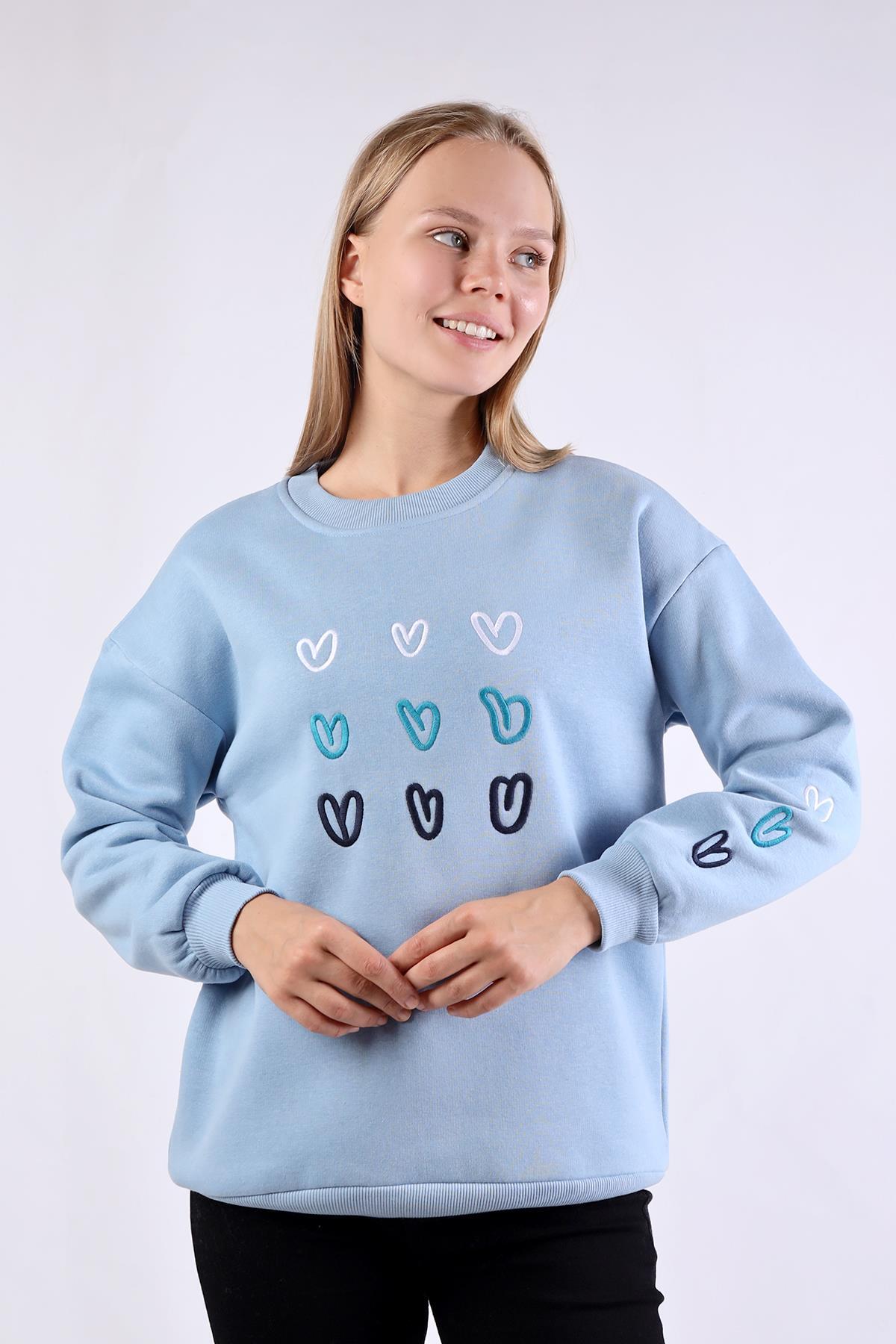 Mavi Bisiklet Yaka Kalp Nakışlı Sweat 9175M - 5