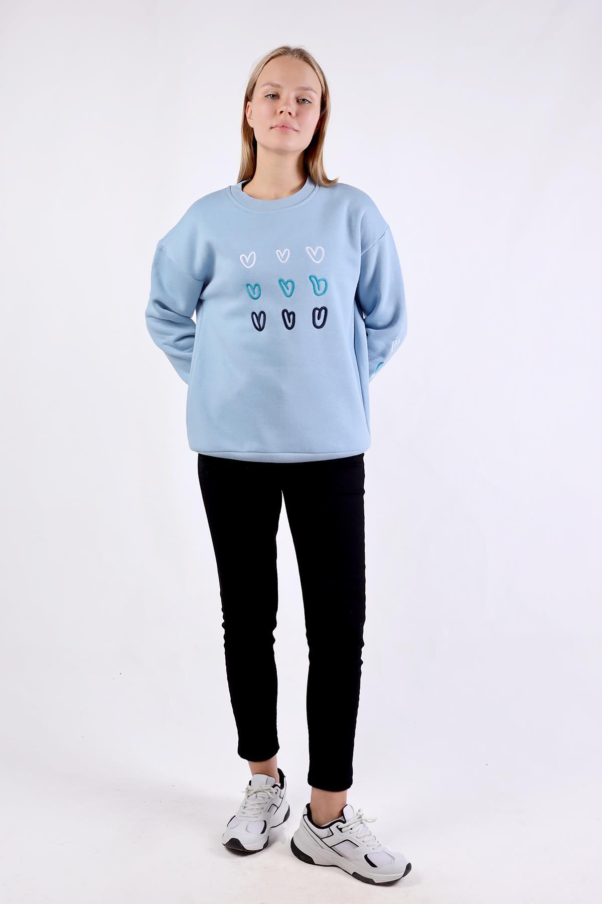 Mavi Bisiklet Yaka Kalp Nakışlı Sweat 9175M - 6