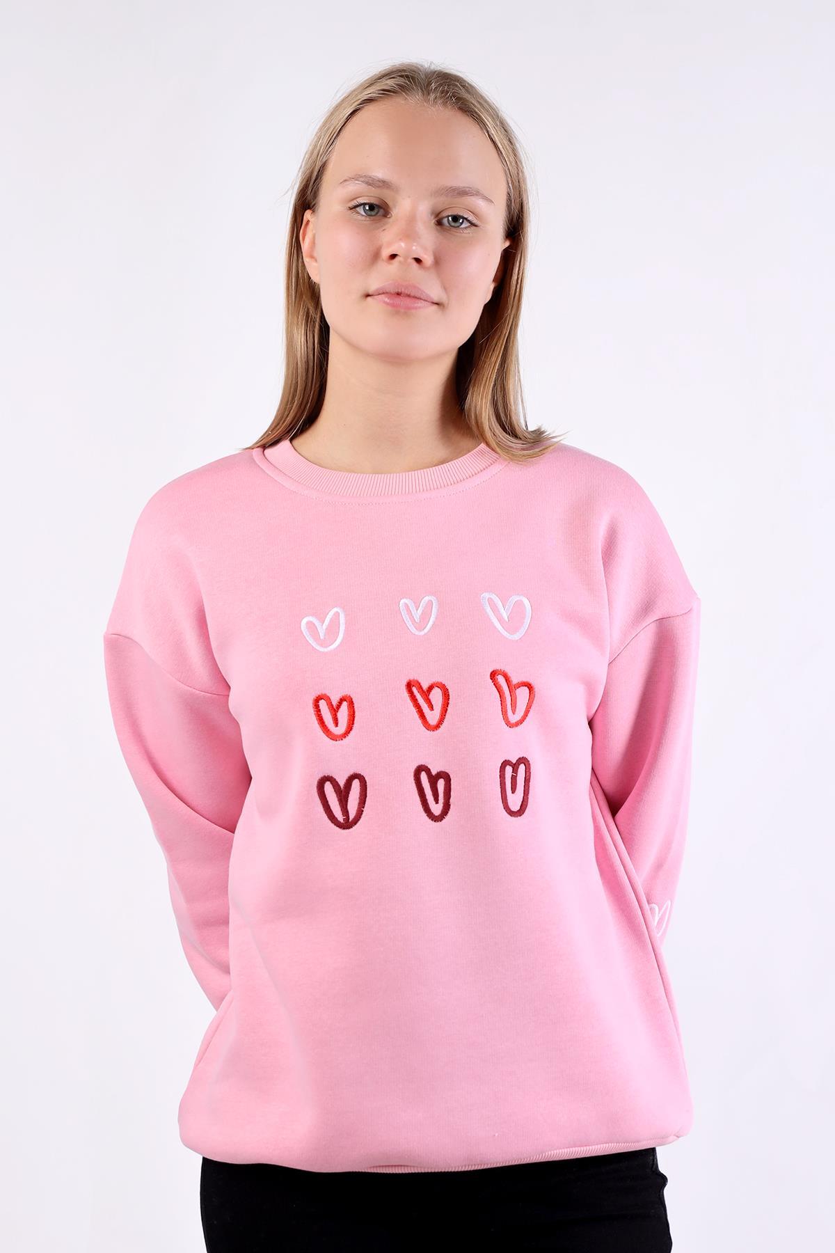 Bisiklet Yaka Kalp Nakışlı Sweat 9175M Pembe - 2