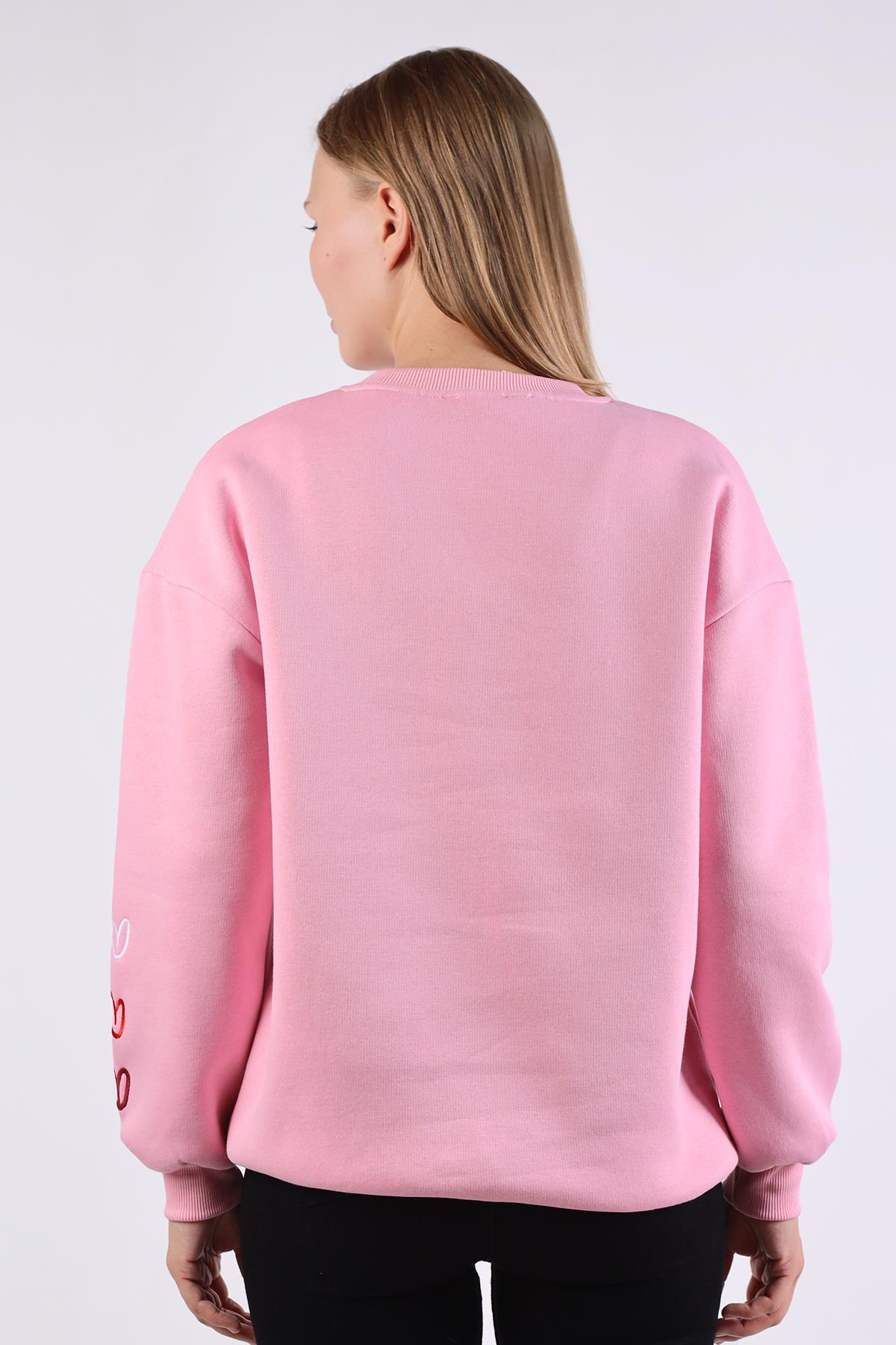 Bisiklet Yaka Kalp Nakışlı Sweat 9175M Pembe - 5