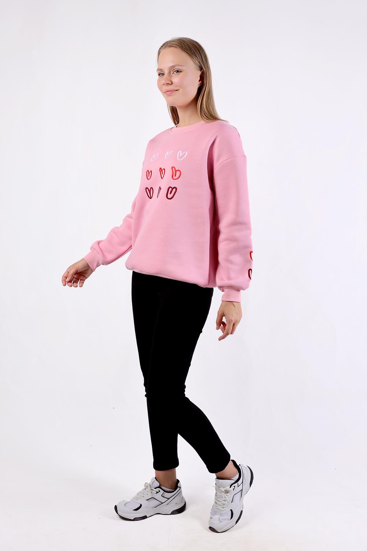 Bisiklet Yaka Kalp Nakışlı Sweat 9175M Pembe - 6