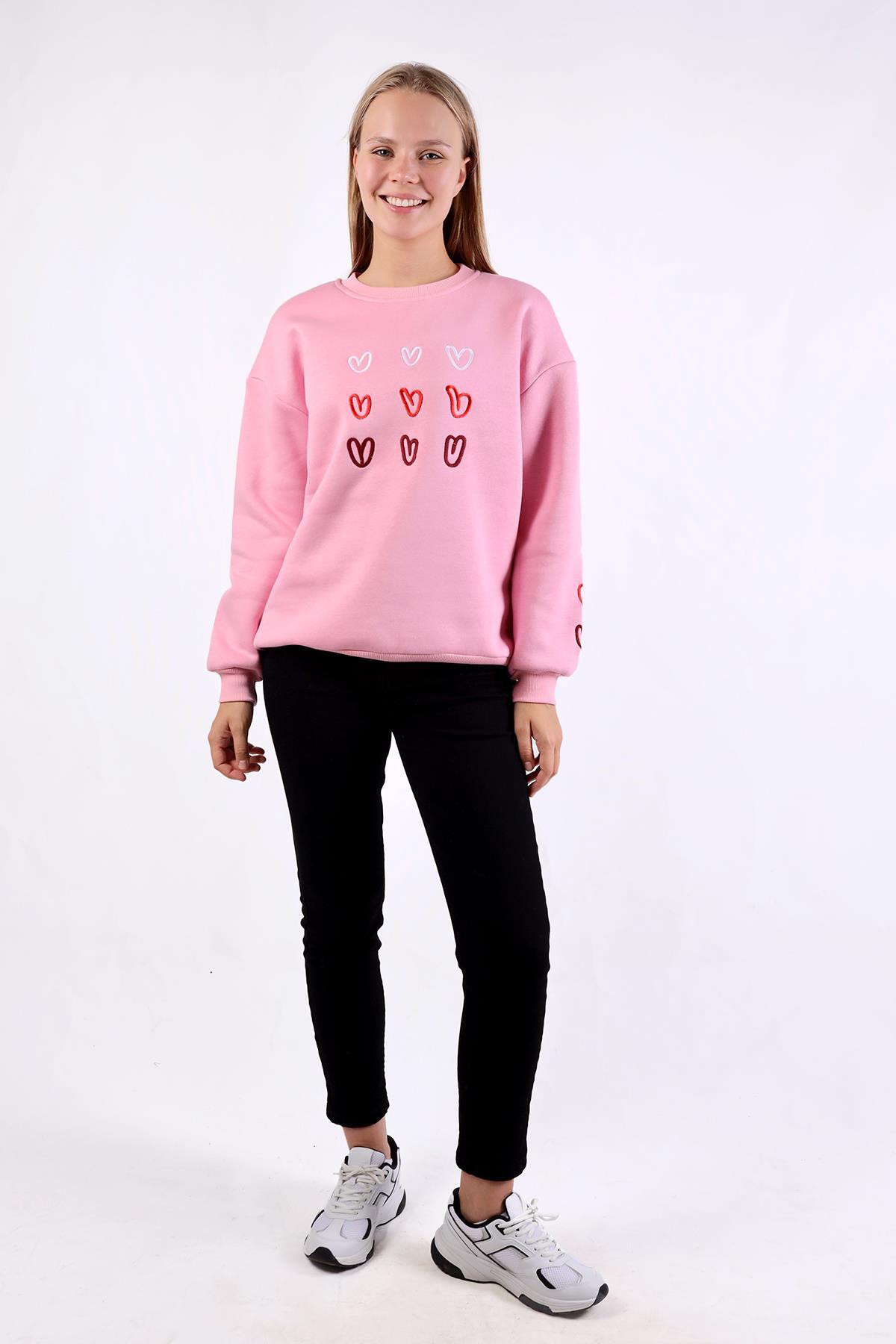 9175M Bisiklet Yaka Kalp Nakışlı Sweat Pembe 