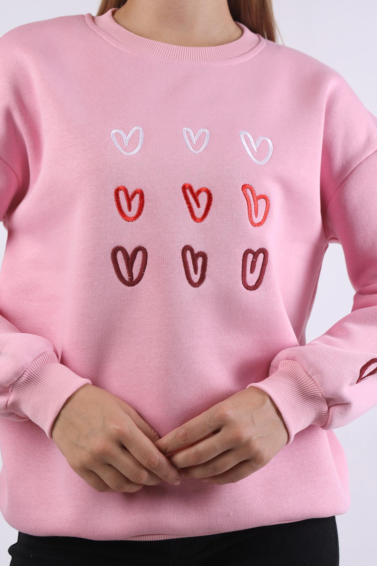 Pembe Bisiklet Yaka Kalp Nakışlı Sweat 9175M - 4