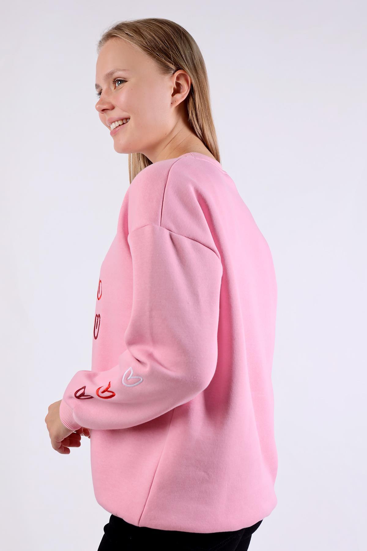 Pembe Bisiklet Yaka Kalp Nakışlı Sweat 9175M - 7