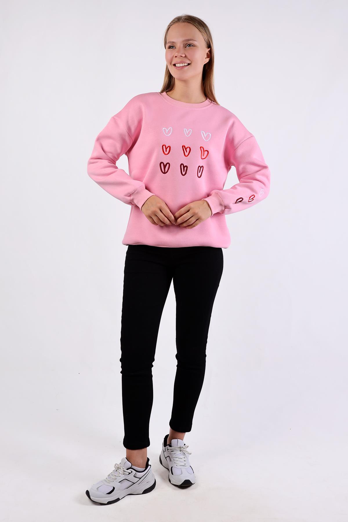 Pembe Bisiklet Yaka Kalp Nakışlı Sweat 9175M - 8