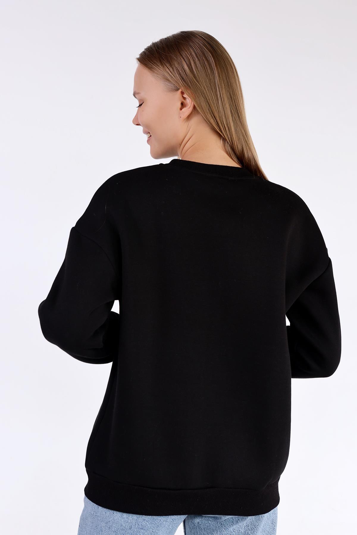 Siyah Bisiklet Yaka Kalp Nakışlı Sweat 9175M - 5