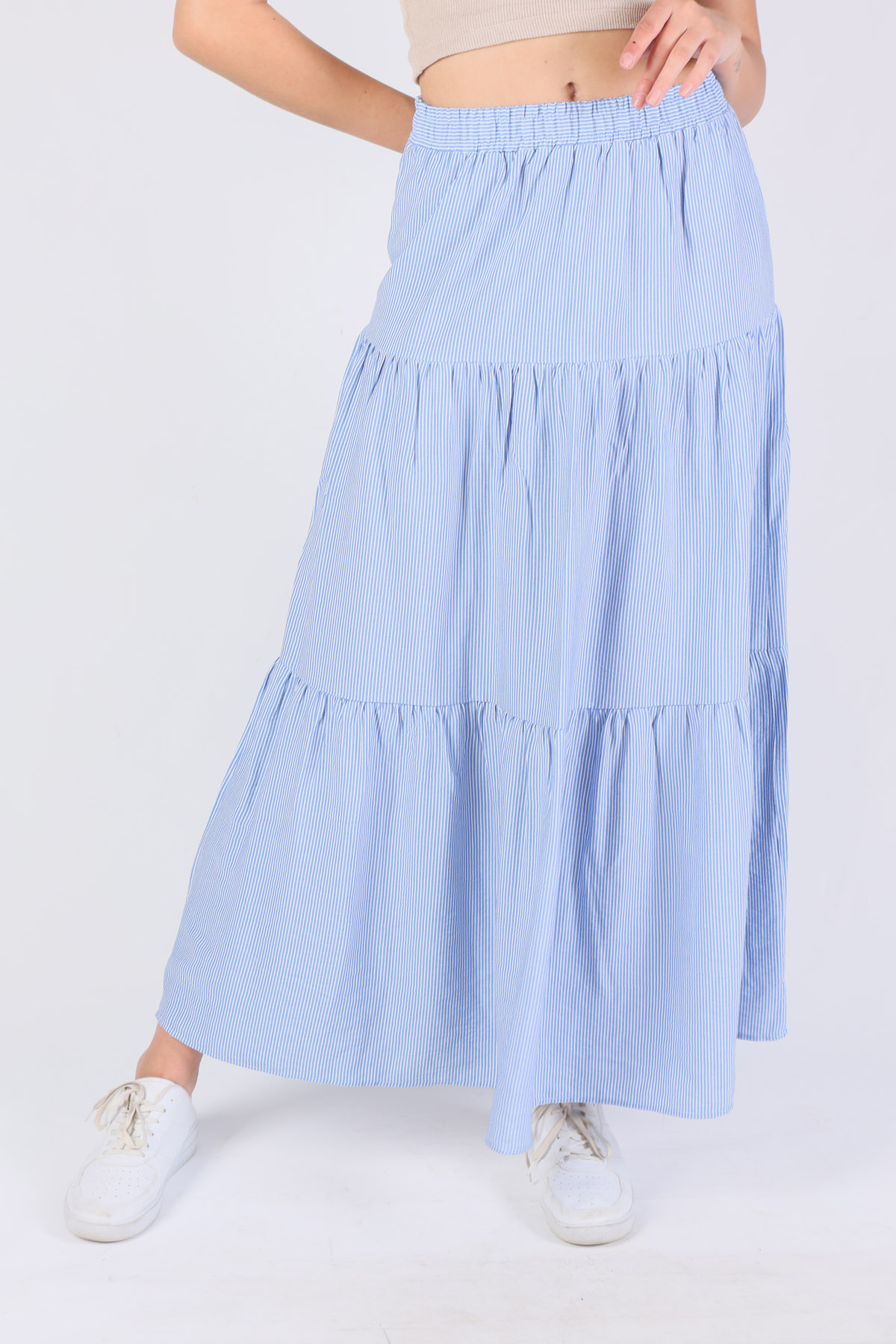 9193 Çizgili Kat Kat Etek Mavi - 2