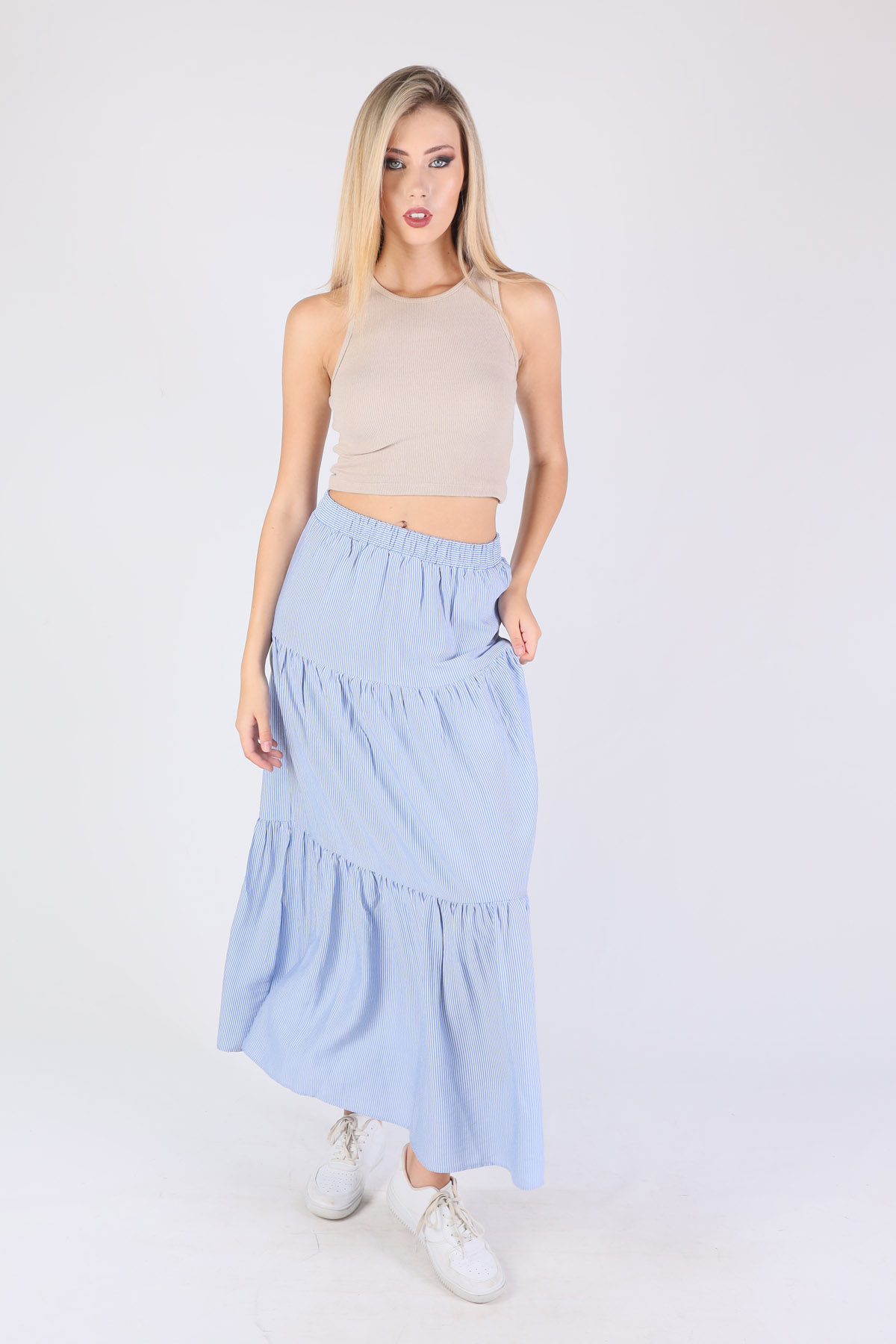 9193 Çizgili Kat Kat Etek Mavi - 1