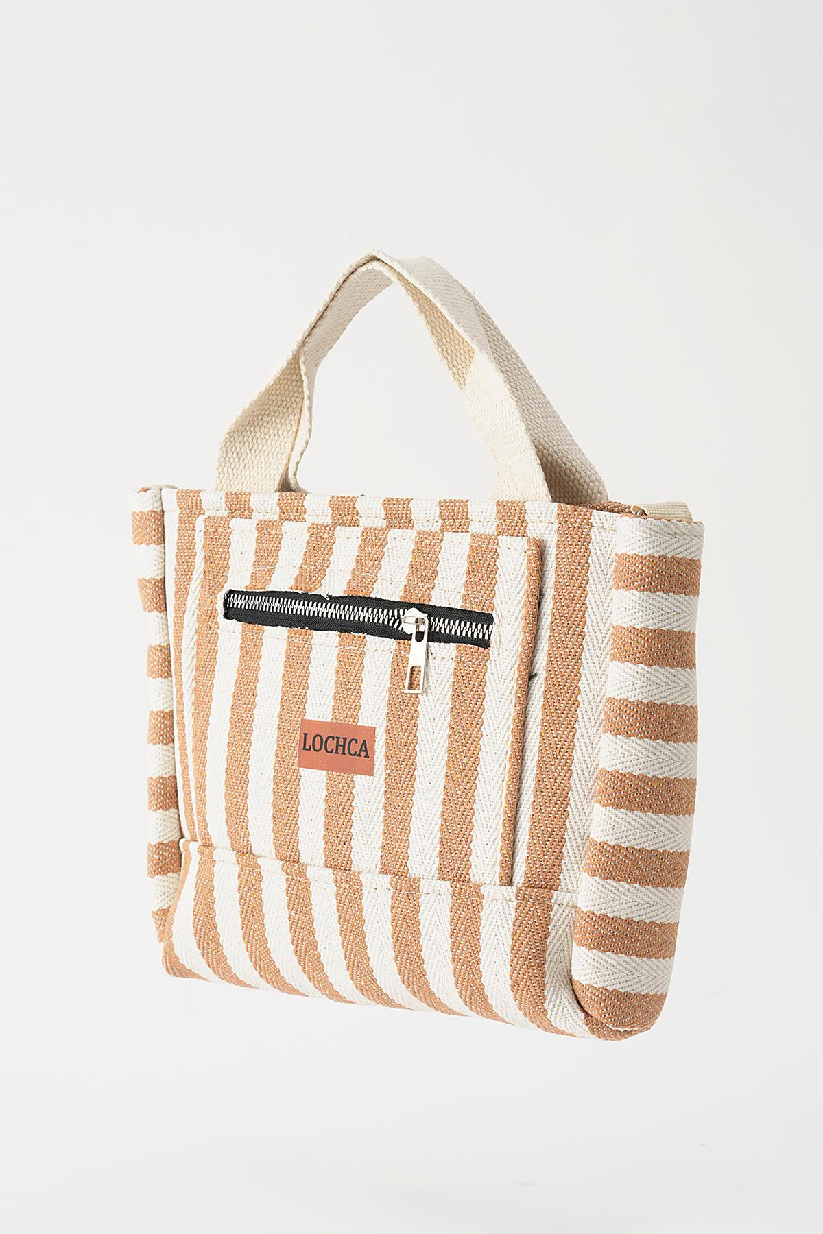 9200 Çizgili Fermuarlı Çanta Bej 