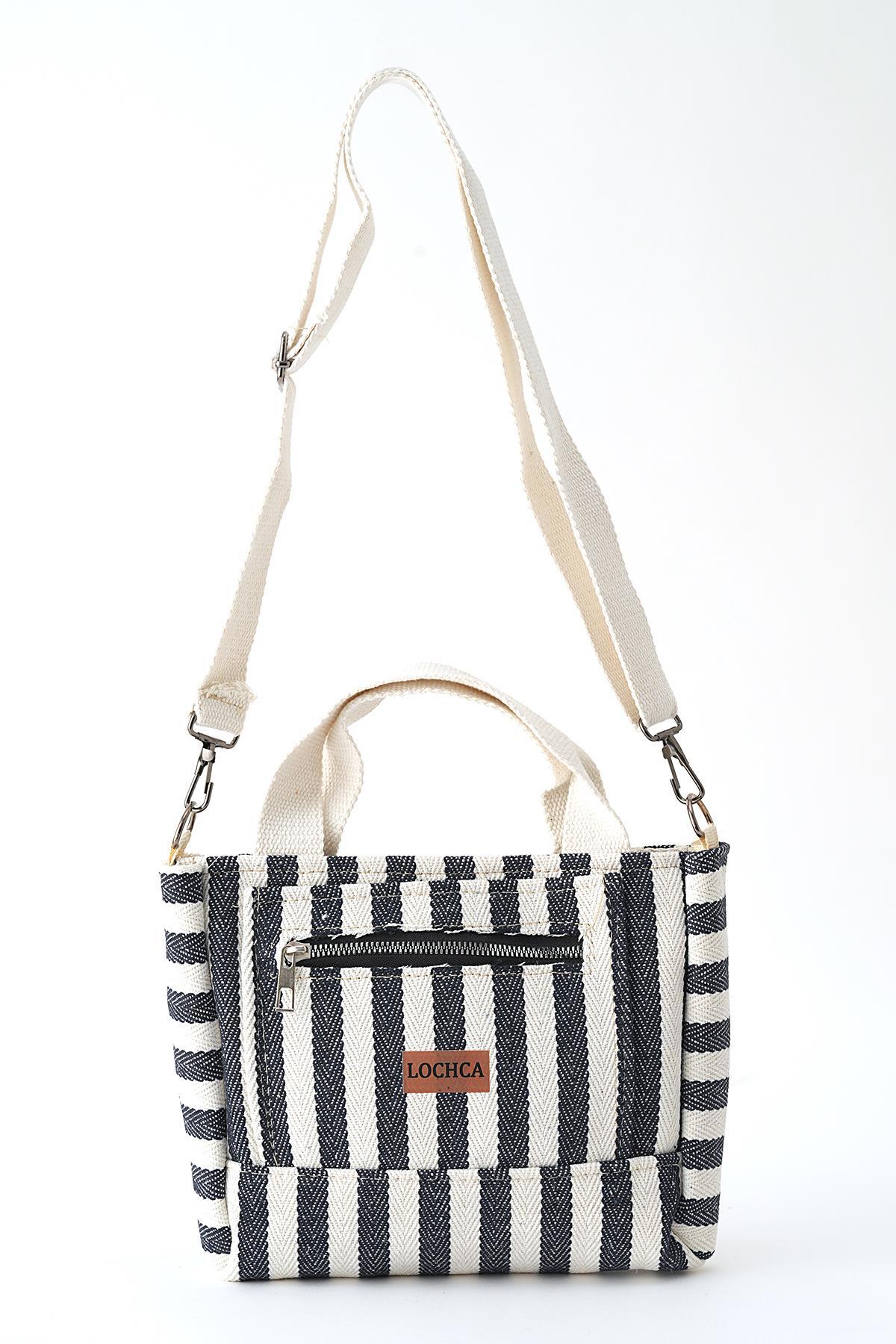 9200 Çizgili Fermuarlı Çanta Siyah - 3