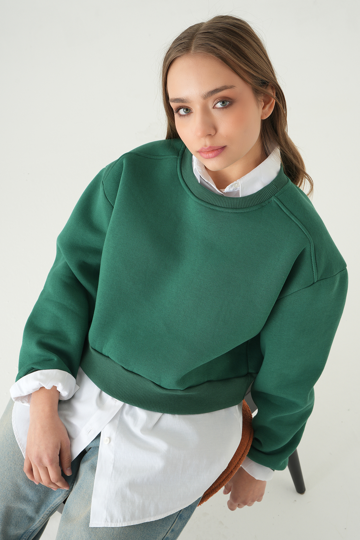 Bisiklet Yaka Crop Sweat 9210M Benetton Yeşili - RAYS