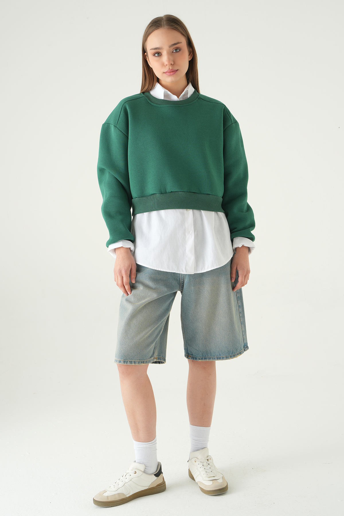 Bisiklet Yaka Crop Sweat 9210M Benetton Yeşili - 3