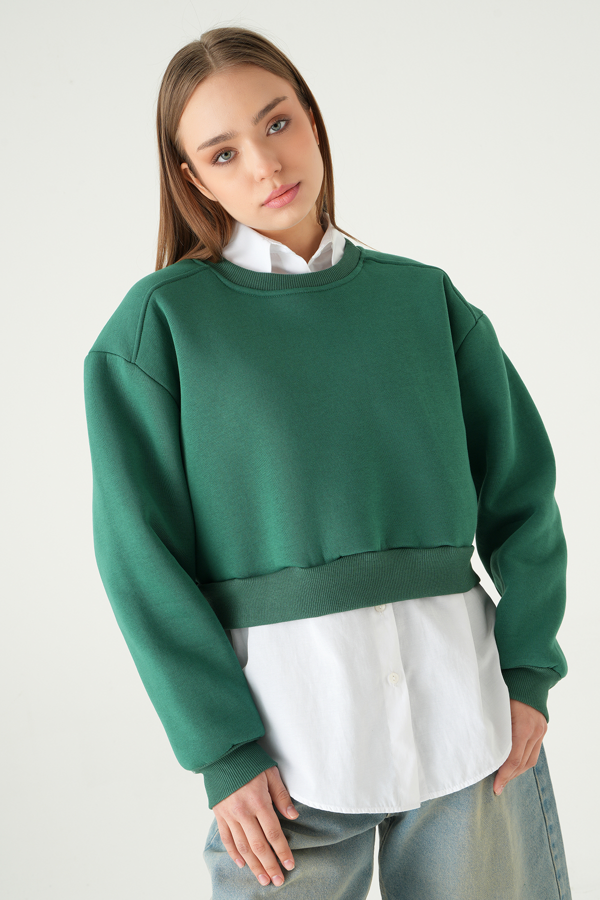 Benetton Yeşili Bisiklet Yaka Crop Sweat 9210M - RAYS (1)