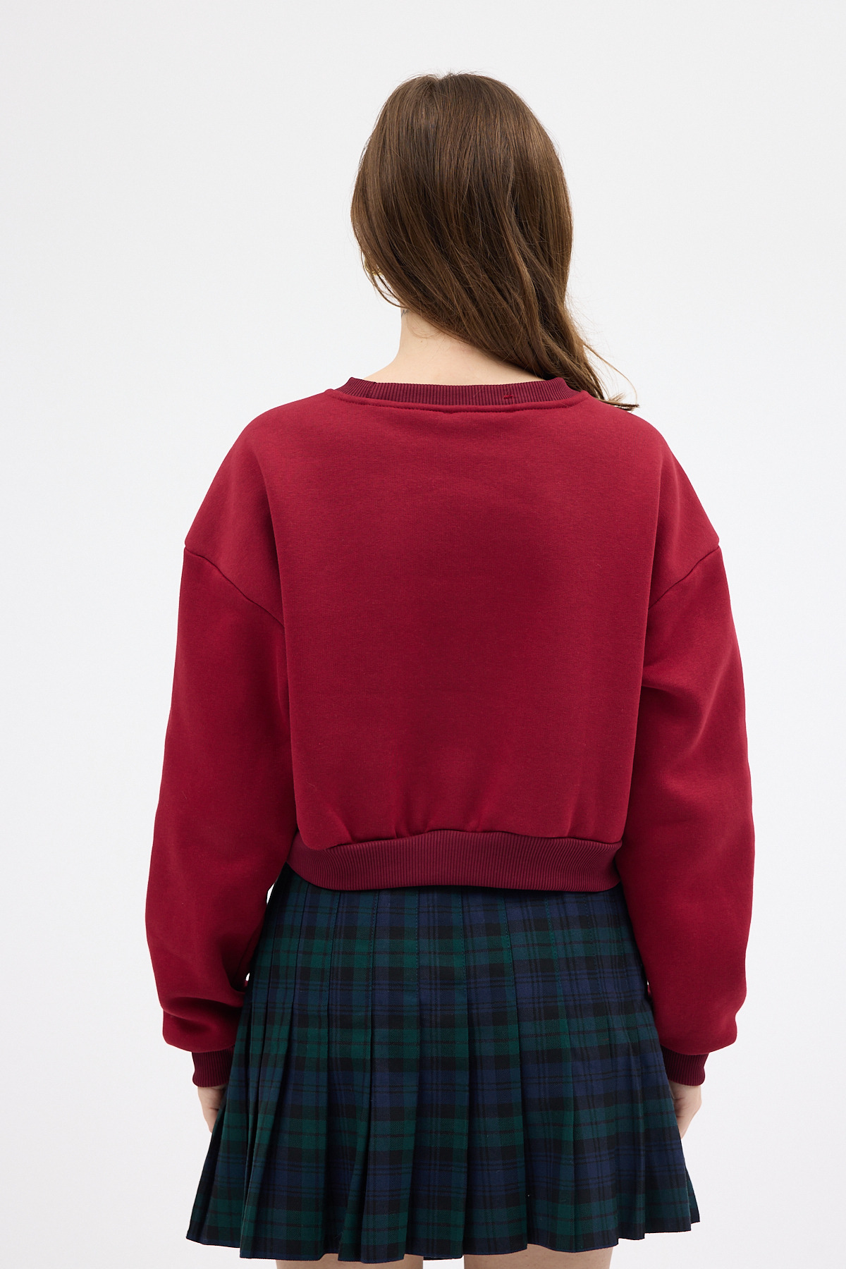 Bordo Kadın Crop Bisiklet Yaka Sweatshirt 9210M - 5