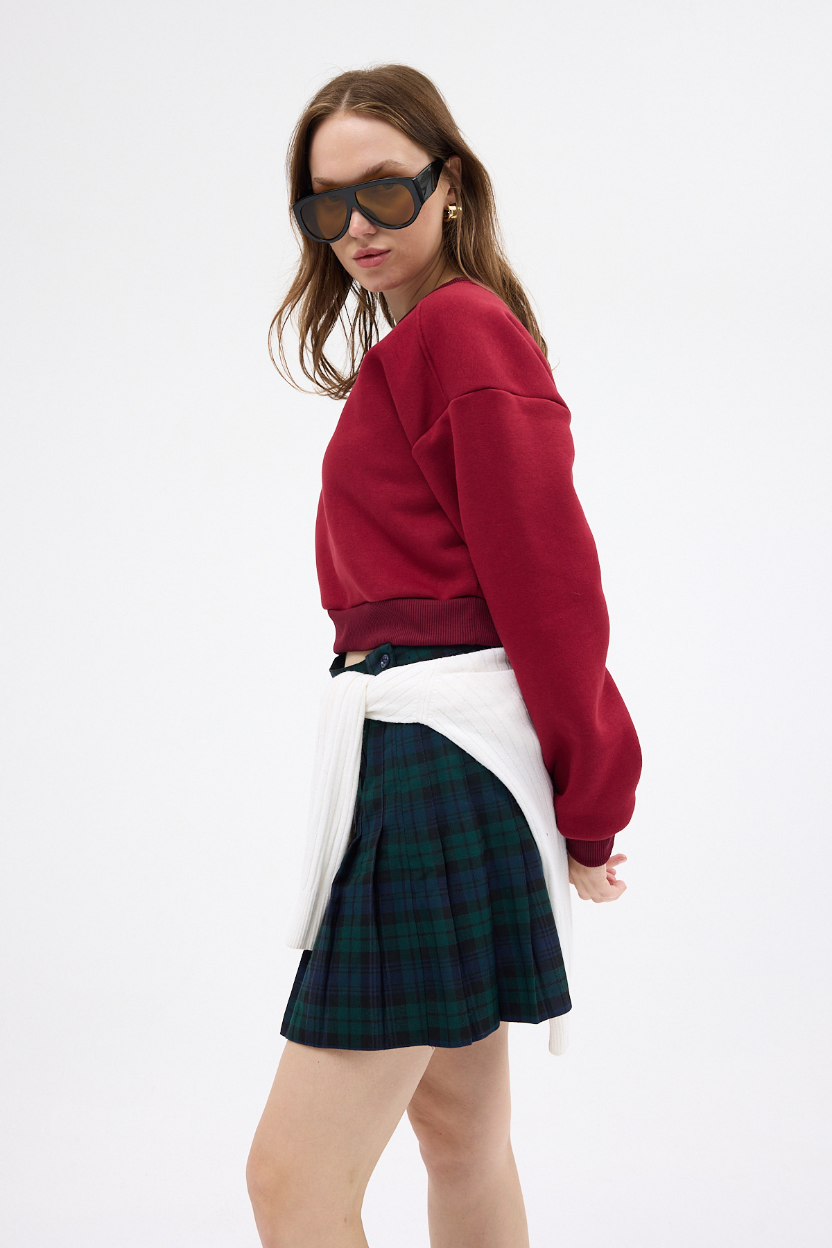 Bordo Kadın Crop Bisiklet Yaka Sweatshirt 9210M - 6