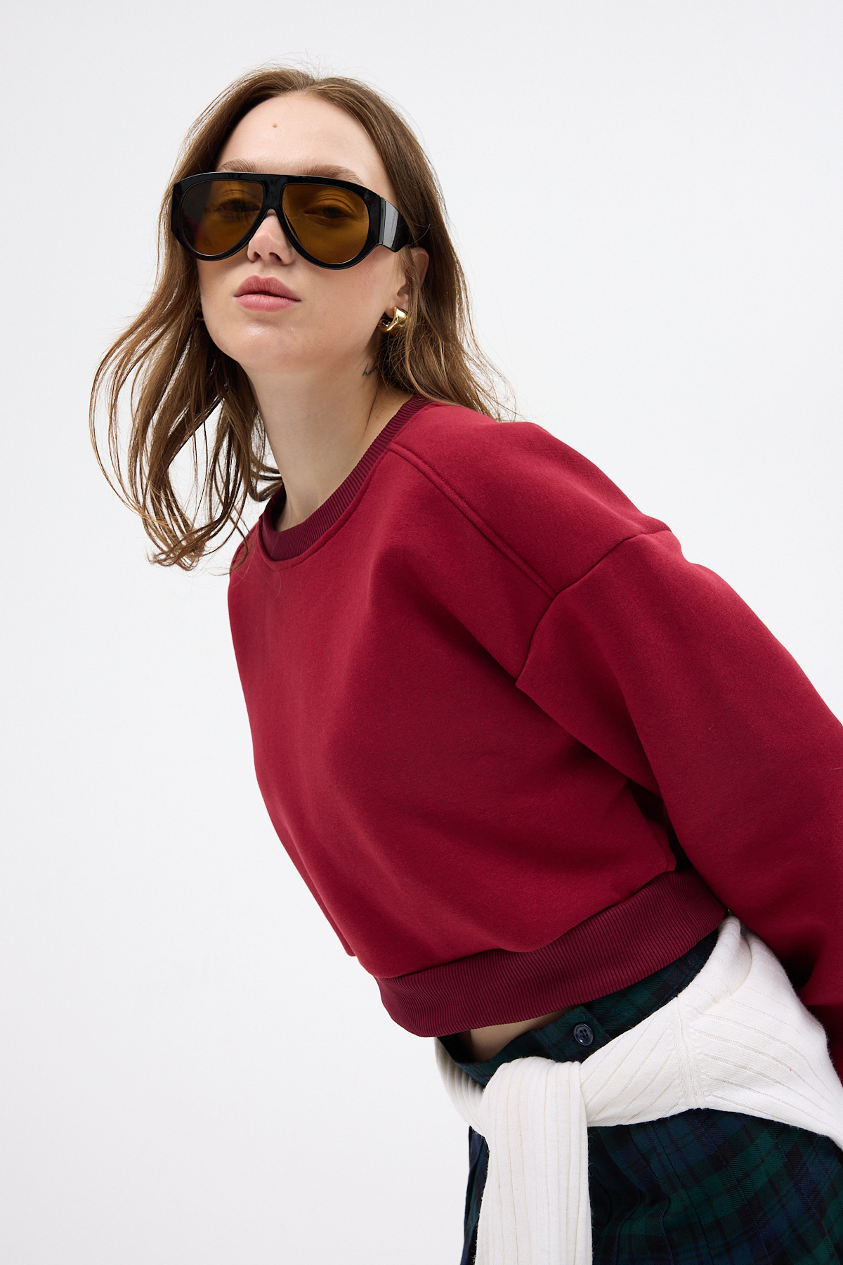 Bordo Kadın Crop Bisiklet Yaka Sweatshirt 9210M - 7