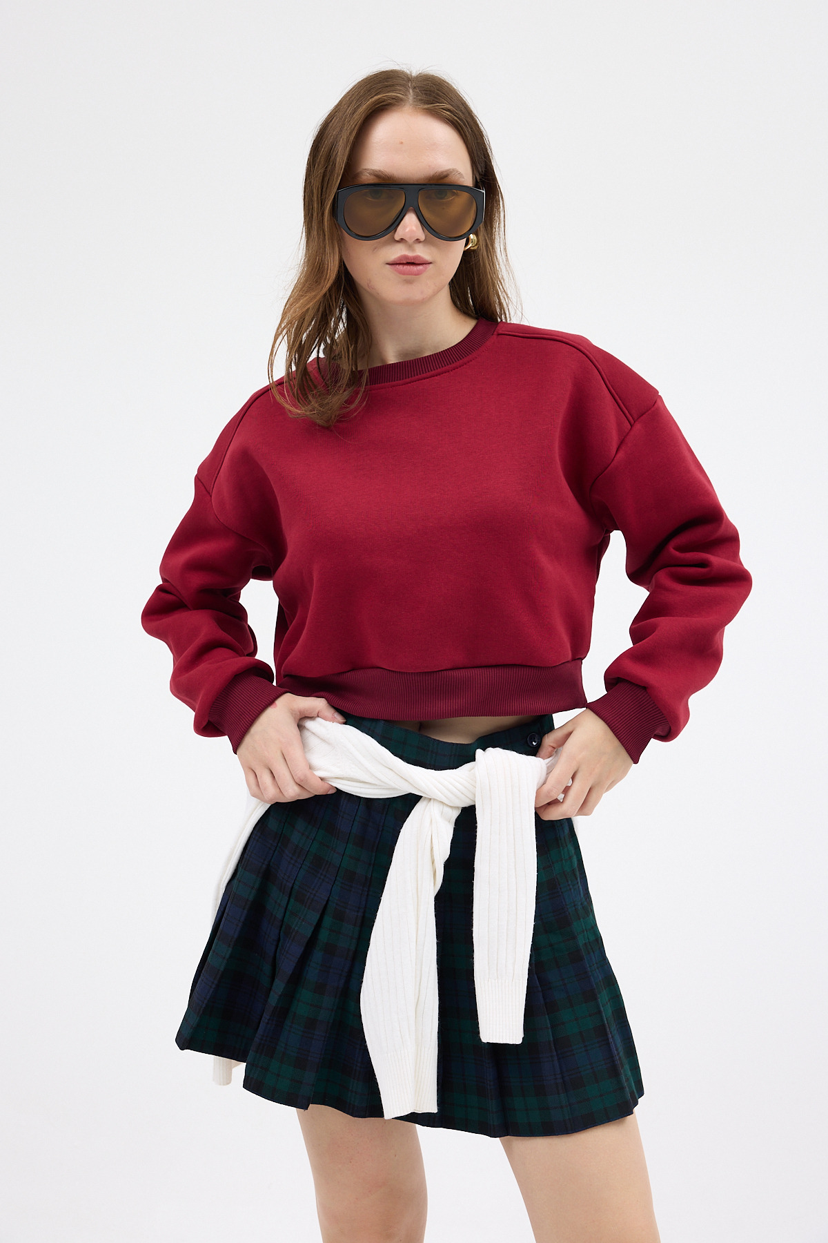 Bordo Kadın Crop Bisiklet Yaka Sweatshirt 9210M - 1