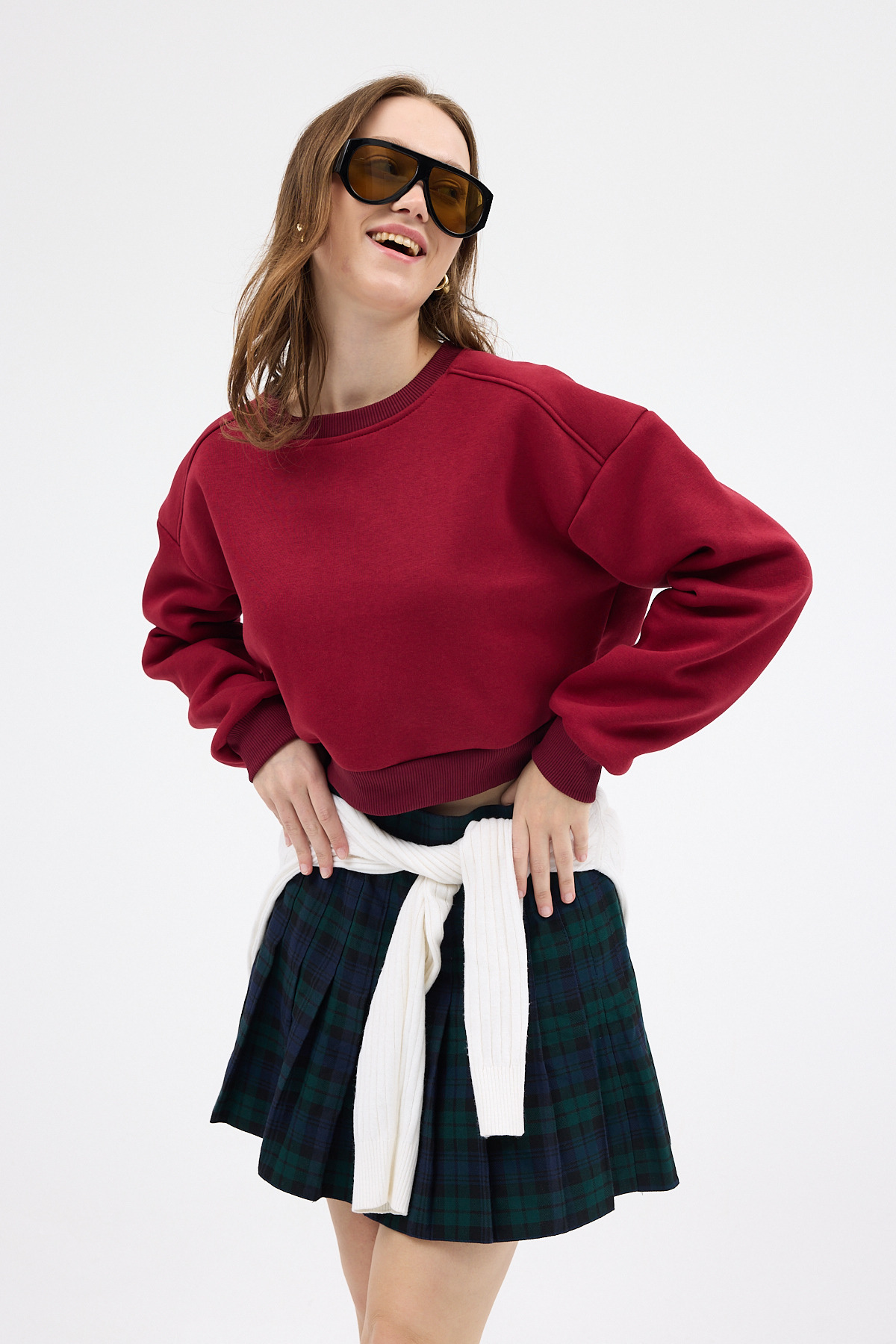Bordo Kadın Crop Bisiklet Yaka Sweatshirt 9210M - 2