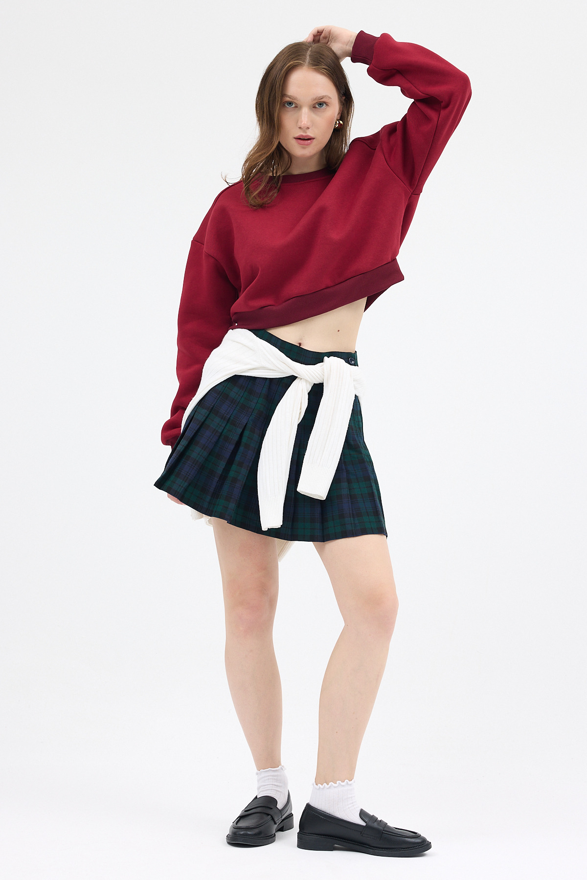 Bordo Kadın Crop Bisiklet Yaka Sweatshirt 9210M - 3