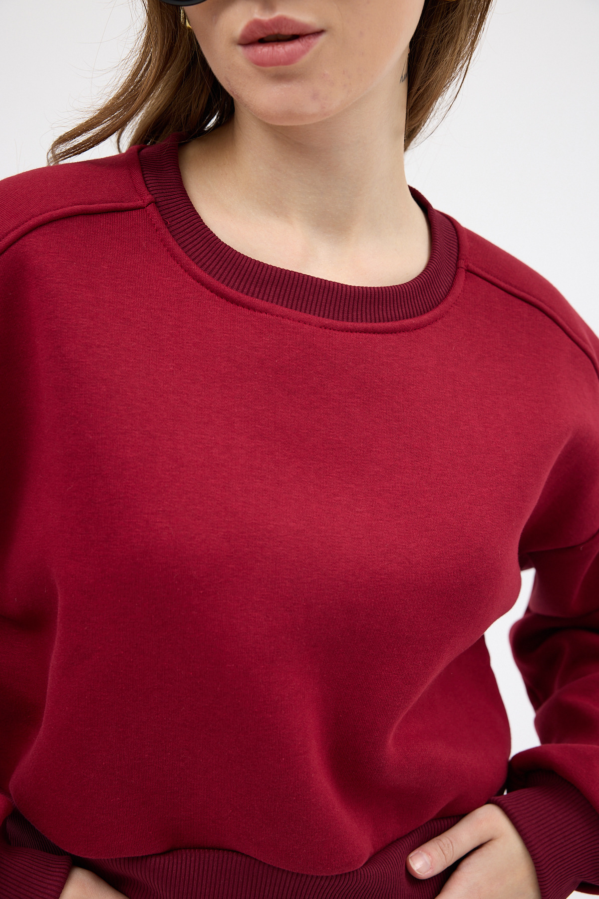 Bordo Kadın Crop Bisiklet Yaka Sweatshirt 9210M - 4