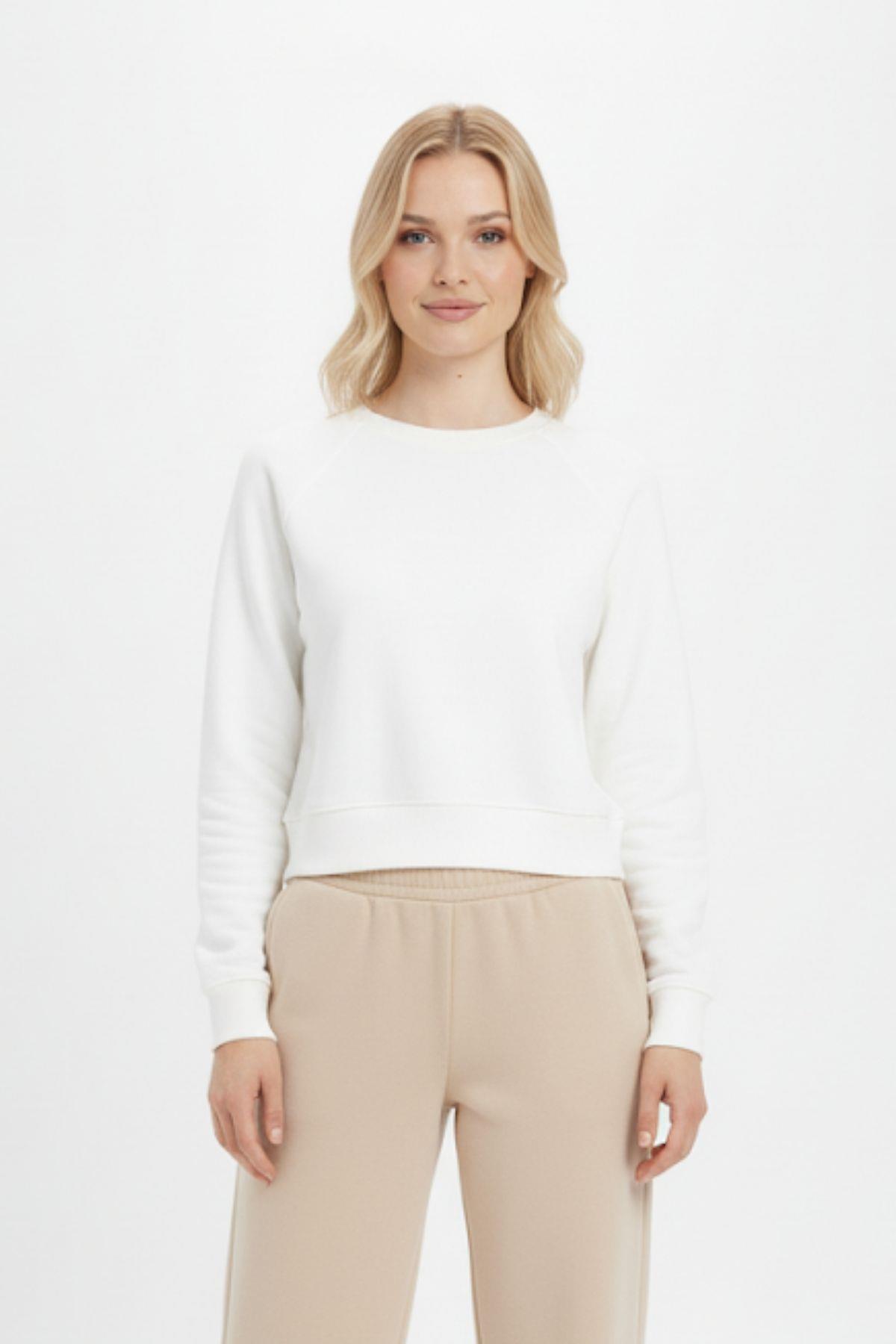 9210M Bisiklet Yaka Crop Sweat Ekru - 1