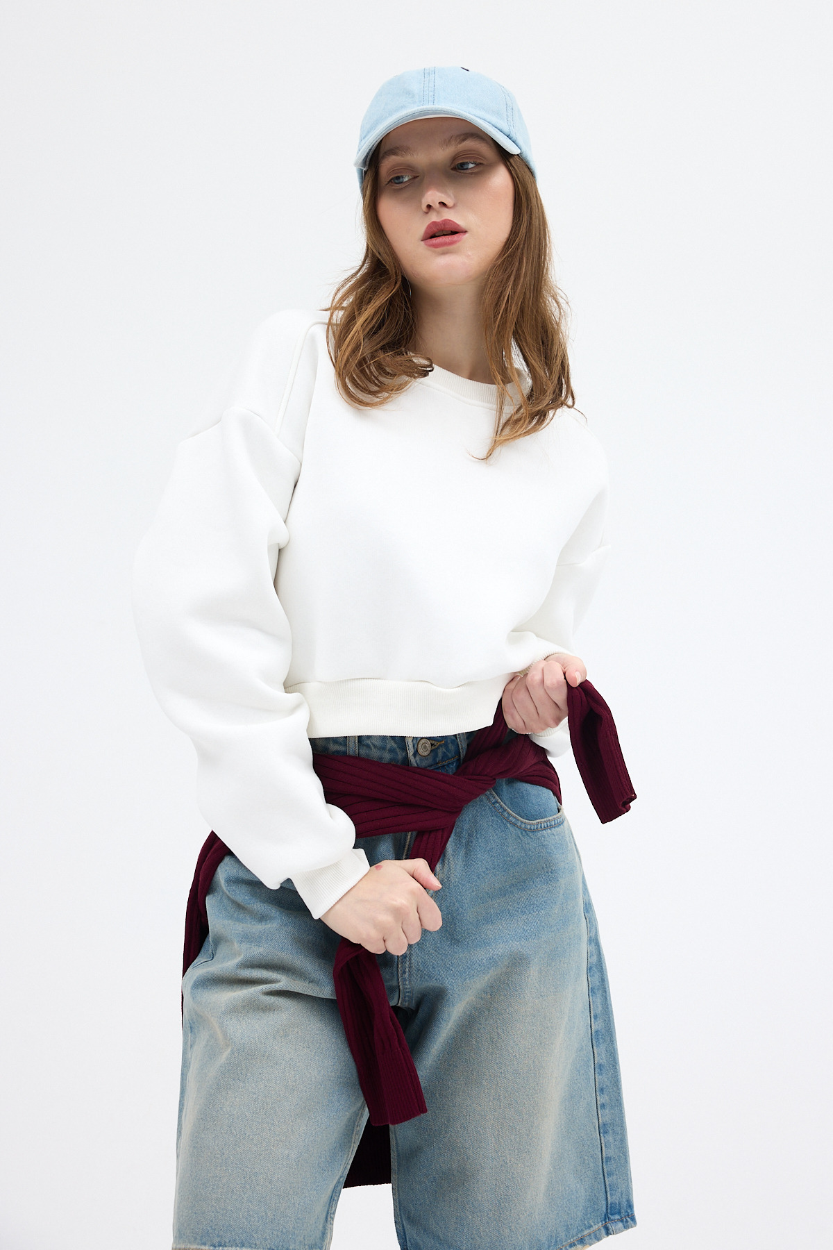 Ekru Kadın Crop Bisiklet Yaka Sweatshirt 9210M - 7