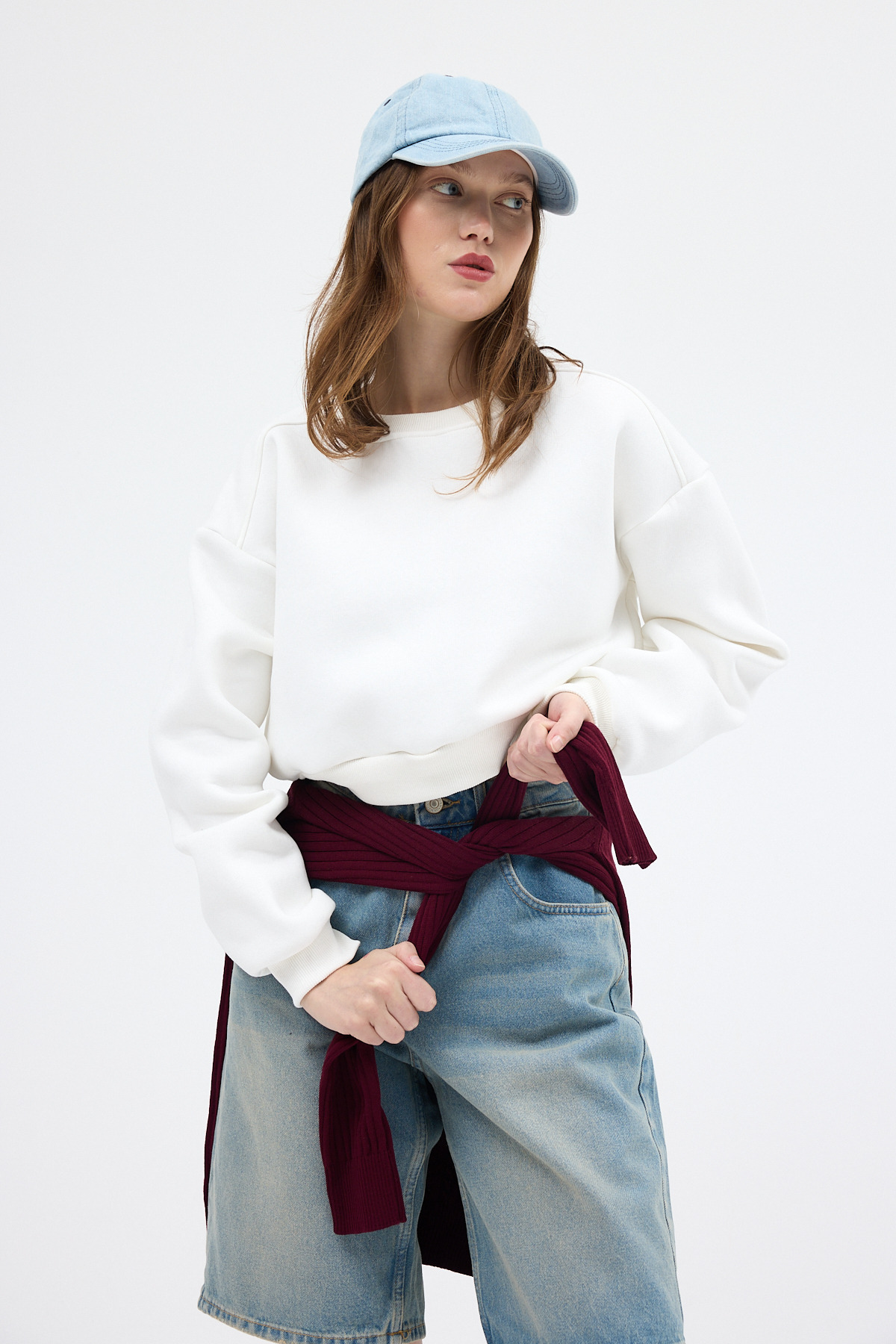 Ekru Kadın Crop Bisiklet Yaka Sweatshirt 9210M 